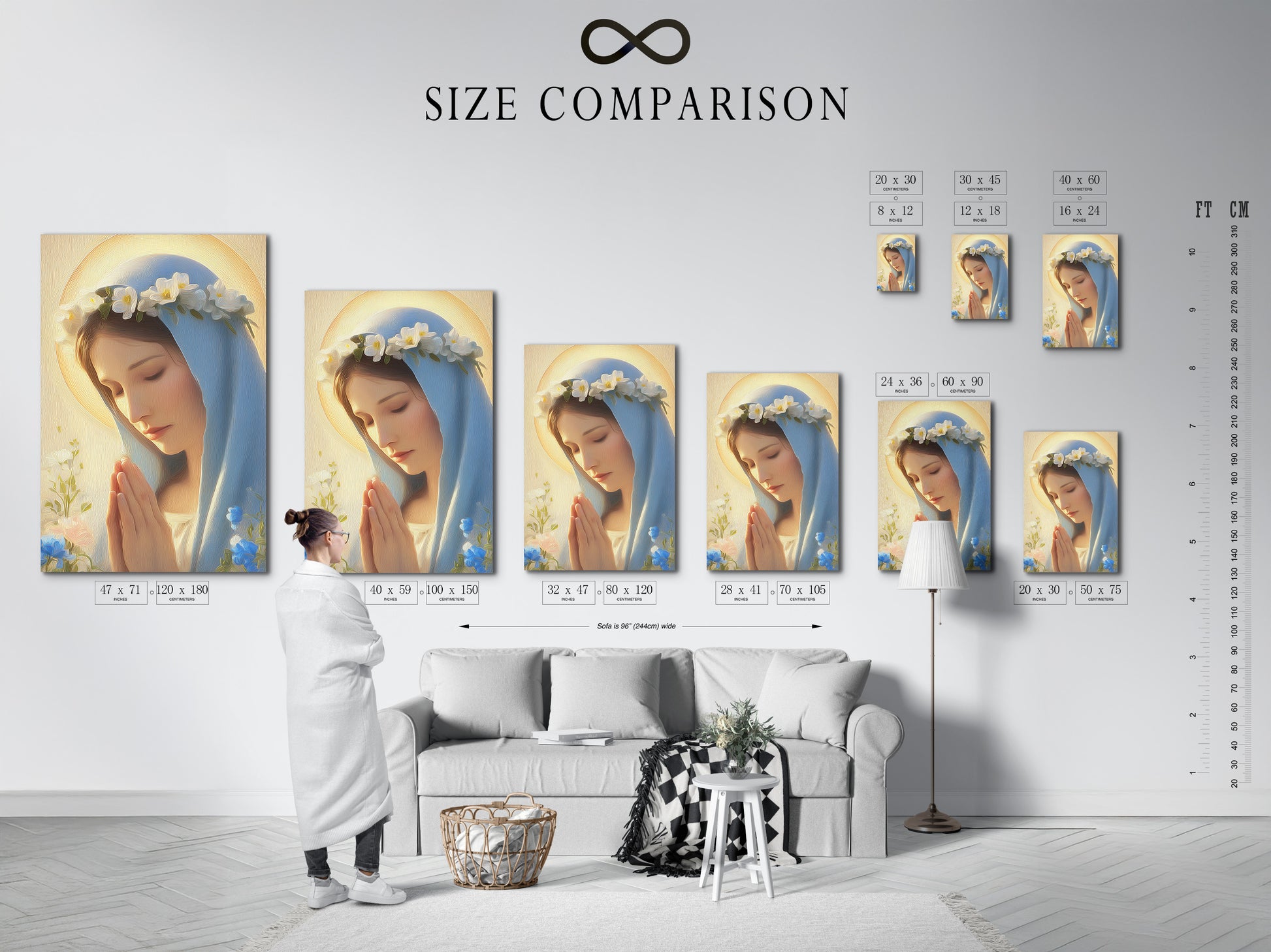 A size comparison chart shows the different sizes available. The chart helps you visualize the artwork in your space. See how the Madonna canvas art fits in your home. Choose the perfect size for your prayer room decor. Find the ideal fit for your christian wall art.