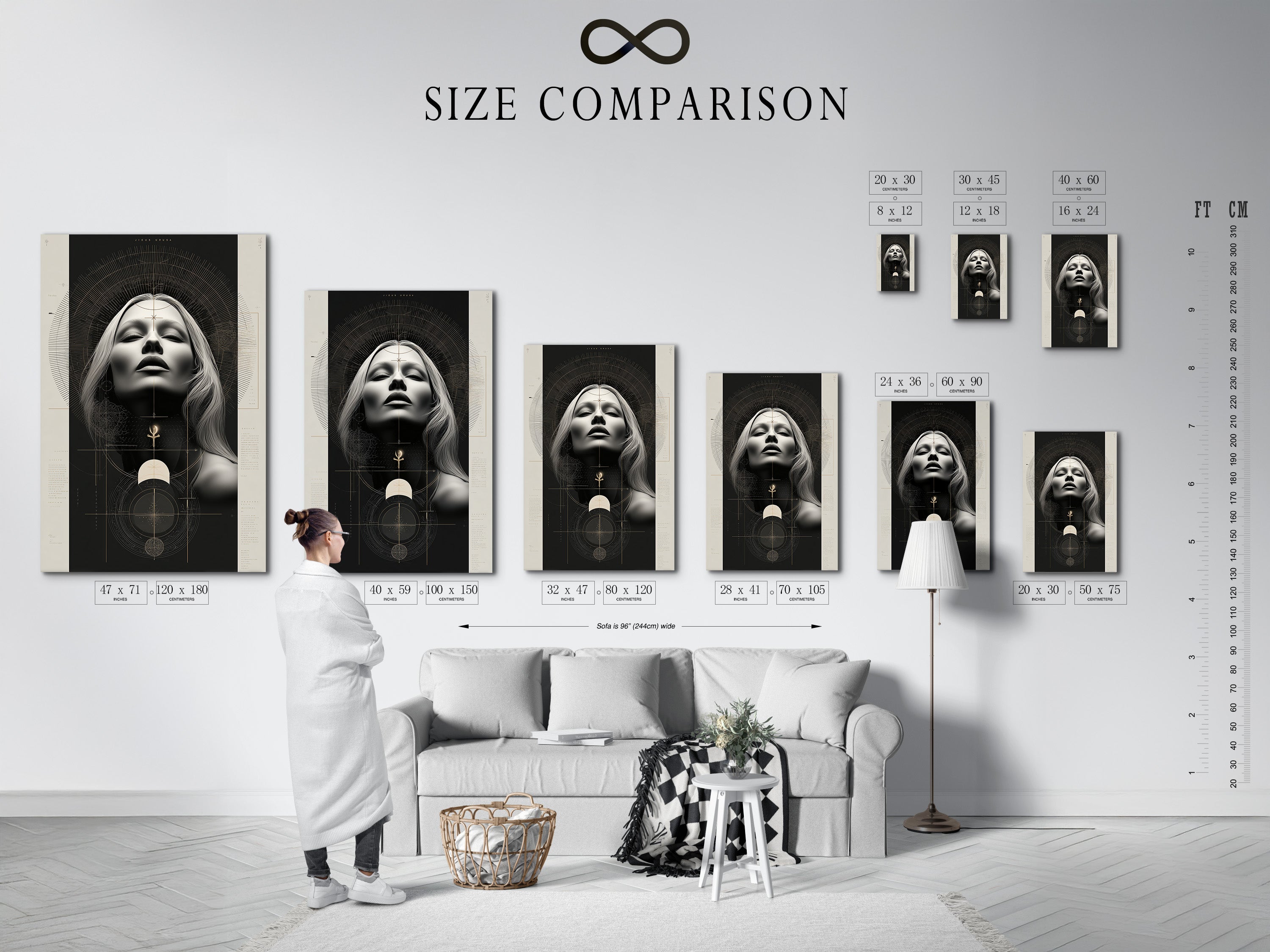 An interior showcasing a size comparison chart for the Mystical Woman Portrait artwork. The chart displays various sizes for canvas prints and fine art posters. This spiritual canvas art is perfect for any room. Ideal for enhancing your home decor.