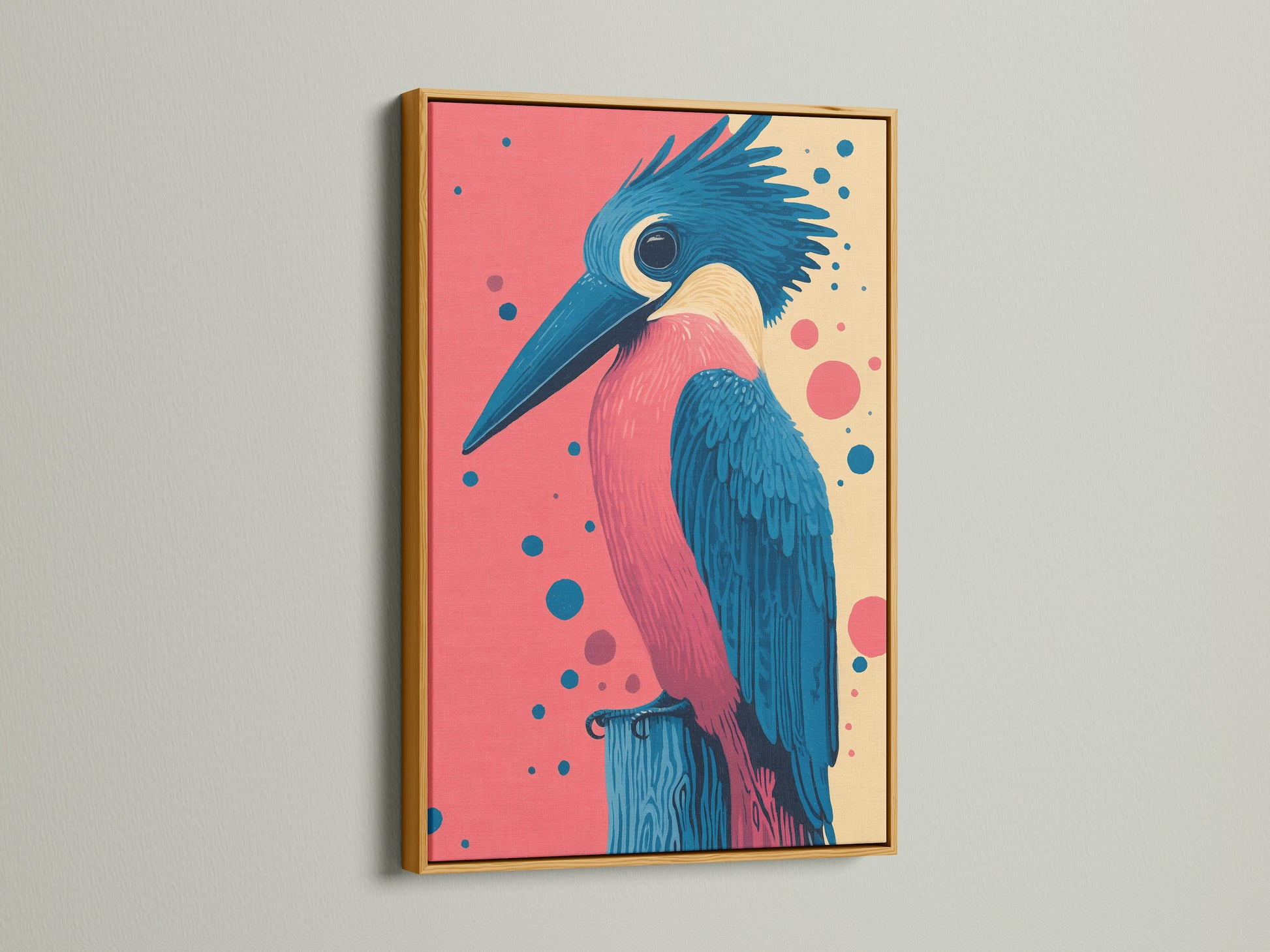 Kingfisher bird art displayed in a gold frame. The colorful print features a vintage style. This bird print will brighten up any room. It is perfect for home decor or waiting rooms. A unique piece of avian art.