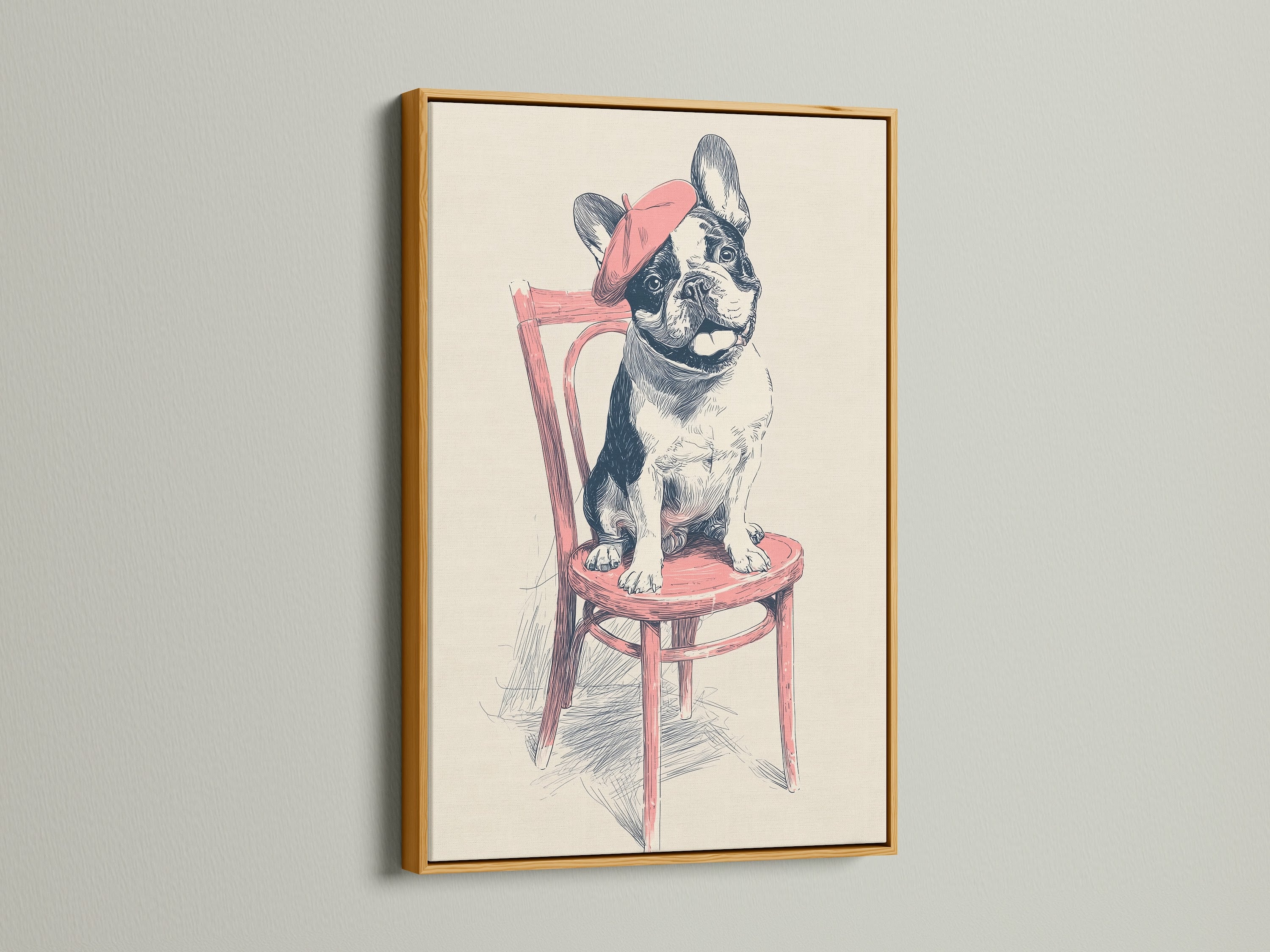 French Bulldog artwork displayed in a gold frame. Gold frame adds a touch of luxury. Perfect for elevating any space. This whimsical art is ideal for lobbies and waiting rooms. A unique piece of animal wall art.