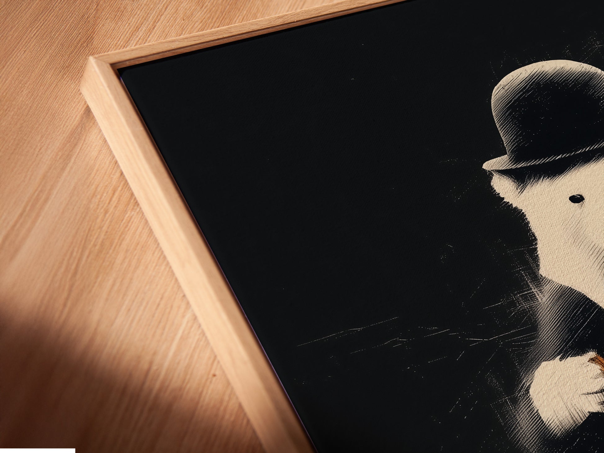 This is a close-up shot of a canvas print. The canvas is inside a floating frame. The floating frame creates a modern gallery look. It separates the canvas from the frame. This enhances the artwork's presence.