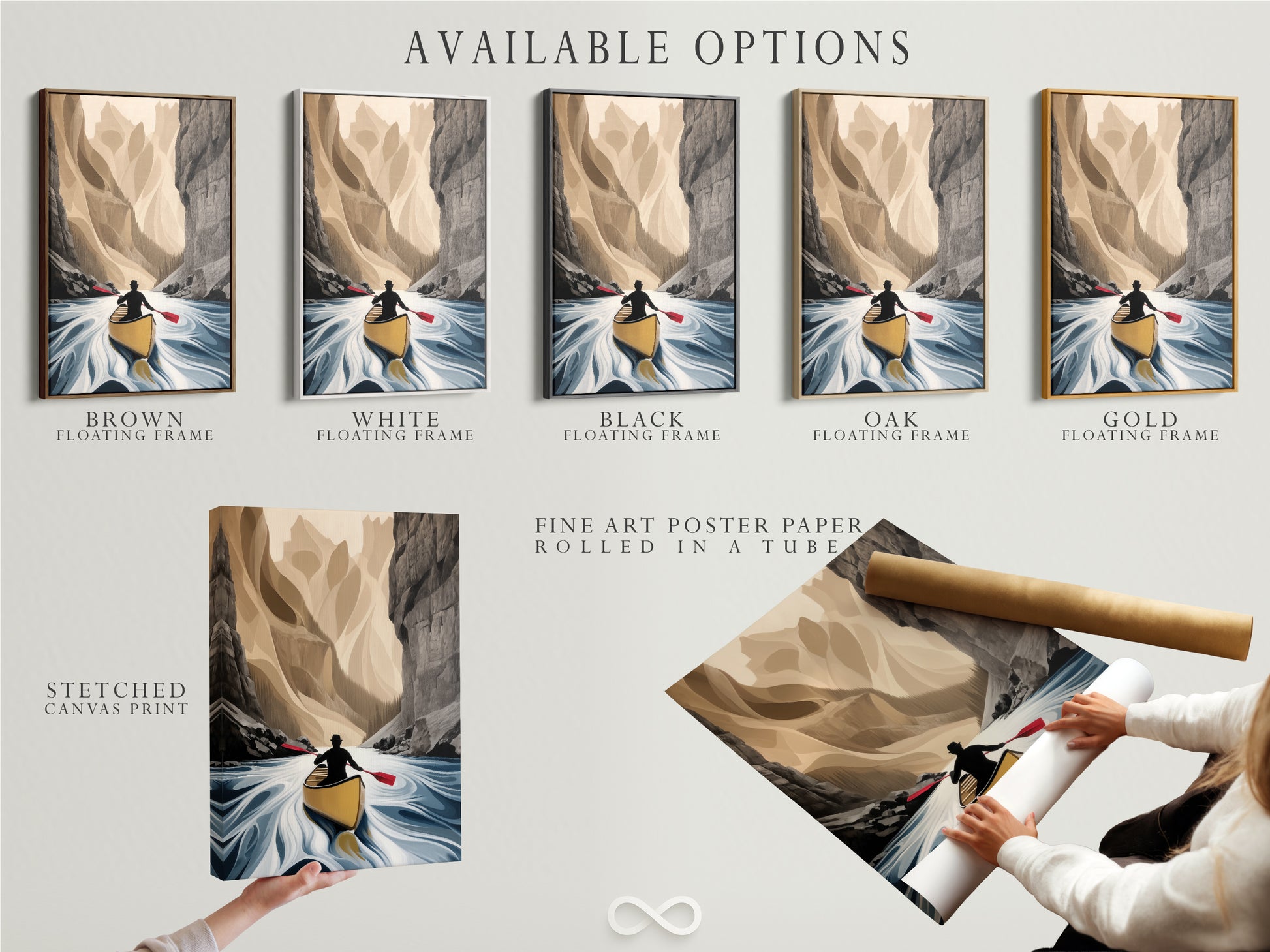 Available options for the Canoe River artwork. Choose from a stretched canvas print or fine art poster paper. Also available is a floating frame option. Customize the artwork to fit your personal style. Perfect for any space