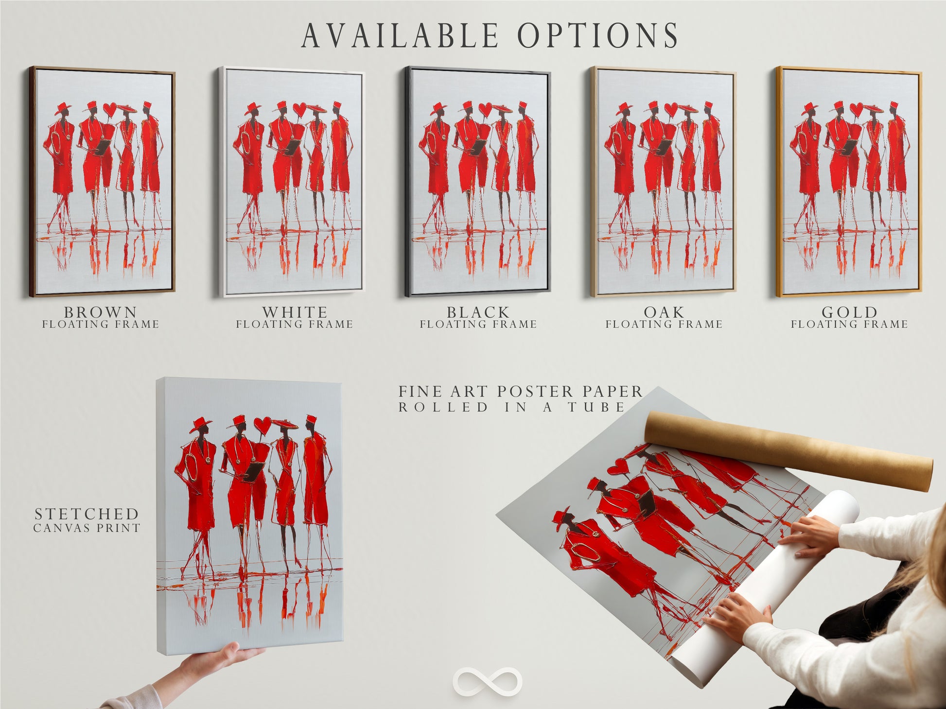 Available options for Red Fashion Sketch Art are shown. Choose between stretched canvas print fine art poster paper or a floating frame. Find the perfect contemporary figure drawing for your space.