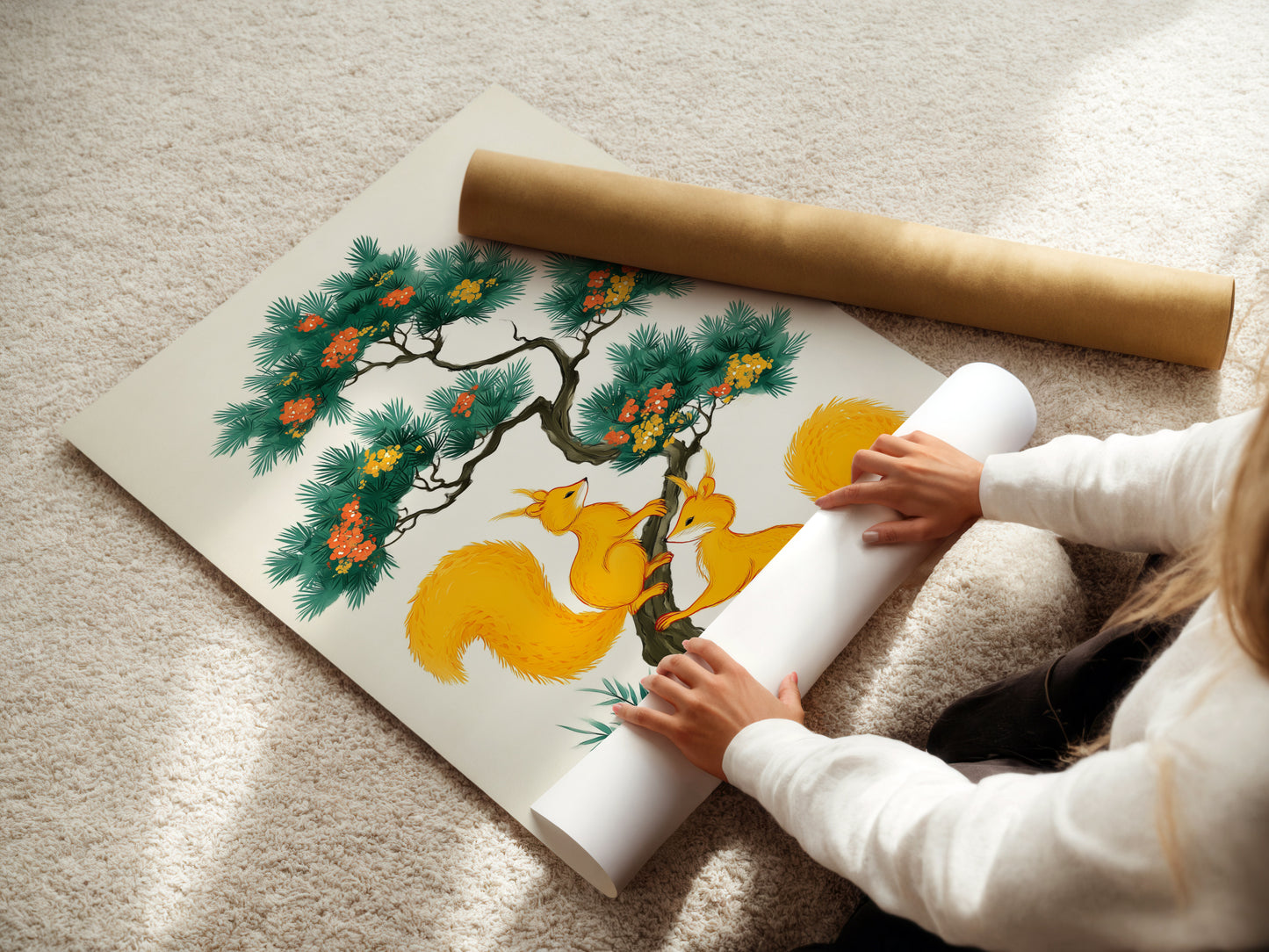 A woman carefully rolling a fine art poster paper featuring squirrel artwork. This botanical tree art is perfect for kids room decor. Bring nature indoors with this whimsical animal design. Ideal for families creating a cozy and inviting nursery. Shop now for unique wall art.