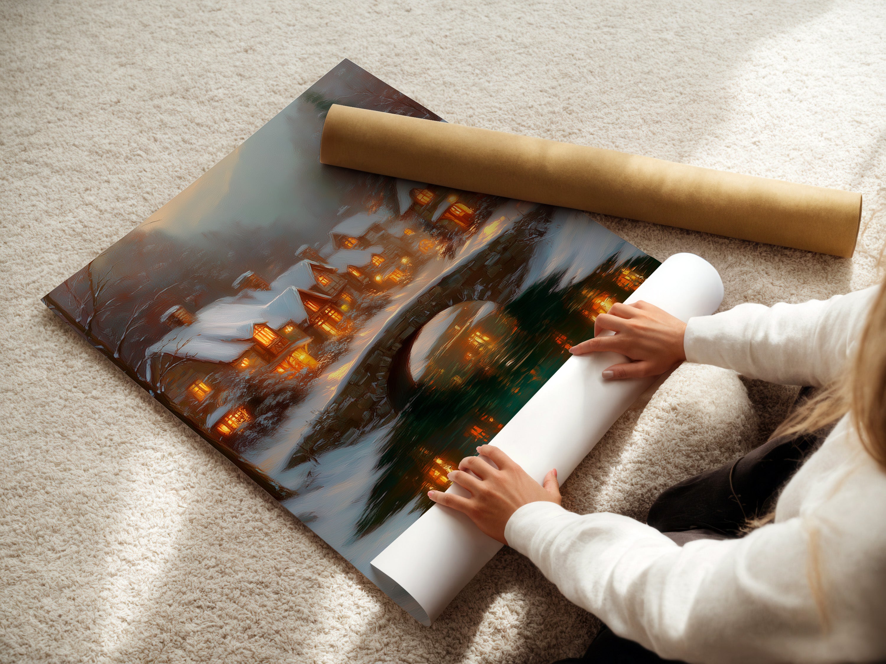 A woman is carefully rolling a fine art poster paper of the Winter Village artwork. This snowy cottage print is perfect for holiday home decor. The bridge landscape adds a touch of warmth to any space. Ideal for festive wall decor.