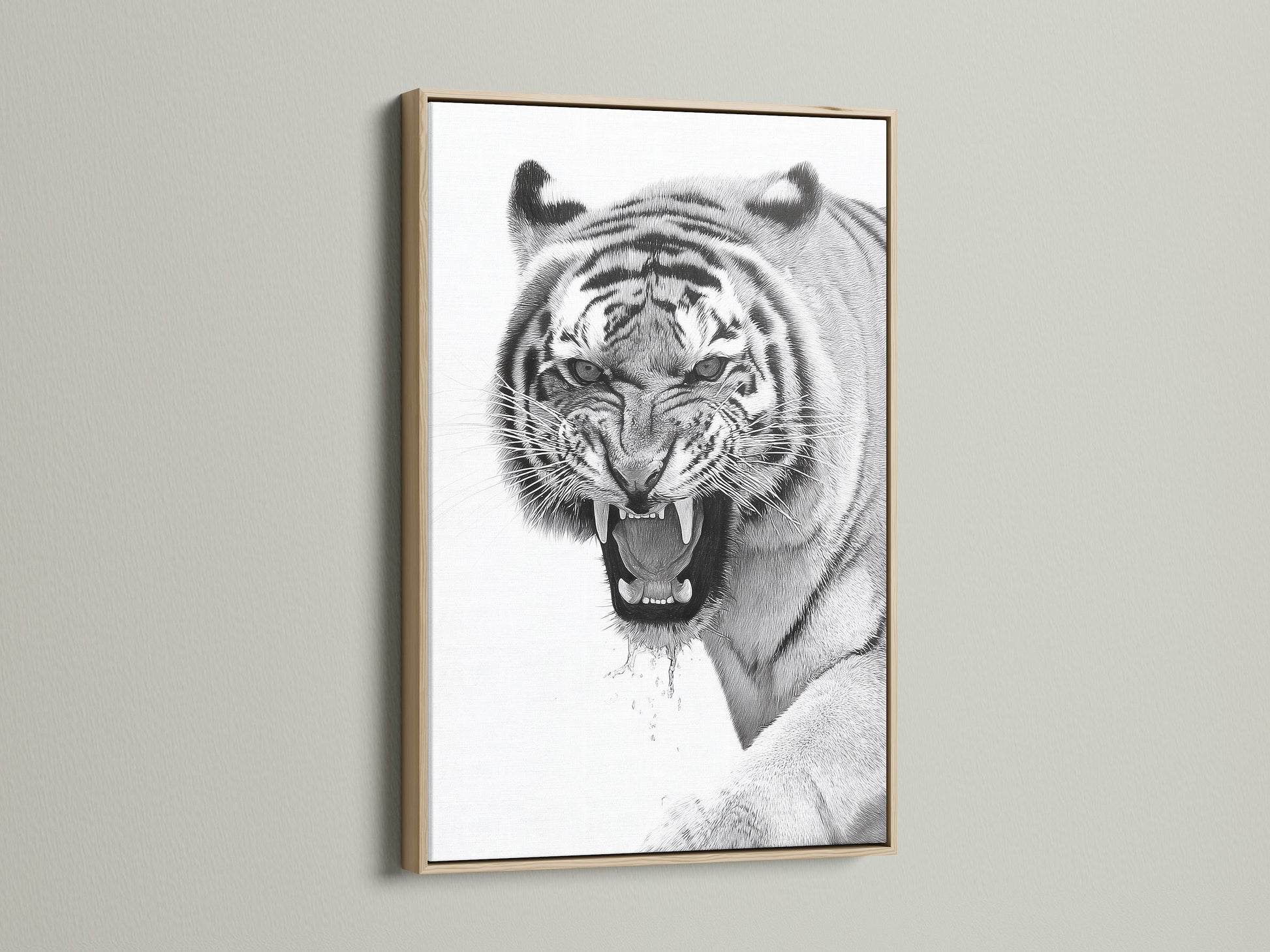 This is a close up of a majestic tiger artwork in an oak frame. The natural wood grain enhances the artwork. This art piece brings warmth and sophistication to your decor. It is ideal for creating a focal point in your living space. The oak frame complements any interior.