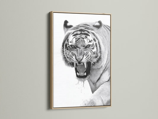This is a close up of a majestic tiger artwork in an oak frame. The natural wood grain enhances the artwork. This art piece brings warmth and sophistication to your decor. It is ideal for creating a focal point in your living space. The oak frame complements any interior.