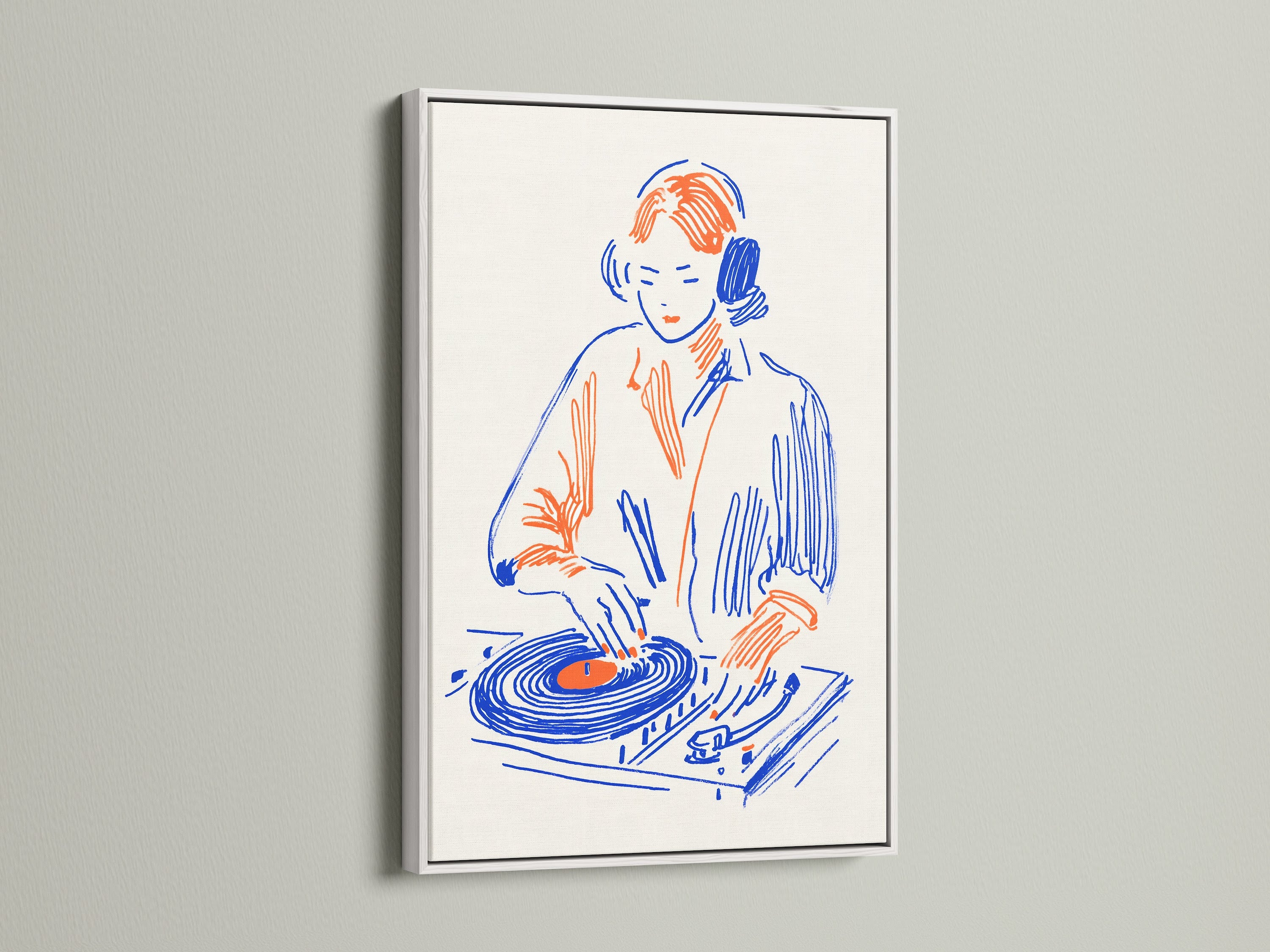 DJ Turntable artwork in a white frame. This retro music art is a great addition to any music studio. It makes a thoughtful gift for music producers. The primary colors are blue and orange. This artwork is perfect for studio wall art or dorm decor. Enhance your space with this unique piece.