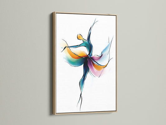 Abstract Dancer canvas print with an oak frame. This modern movement artwork adds elegance to any space. Ideal for dance studio decor or contemporary art collections. It is a colorful ballet wall art.