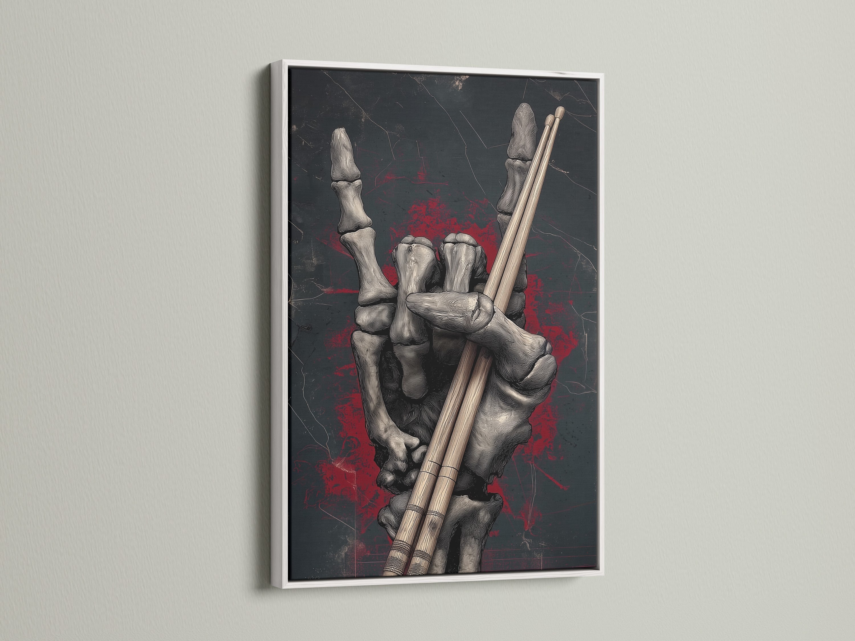 Skeleton Hand Drumsticks artwork with a white frame. This musician gift brings a touch of gothic style. Perfect for music rooms or home bars. The dark art print features a skeleton hand holding drumsticks. This striking piece complements any gothic themed decor.