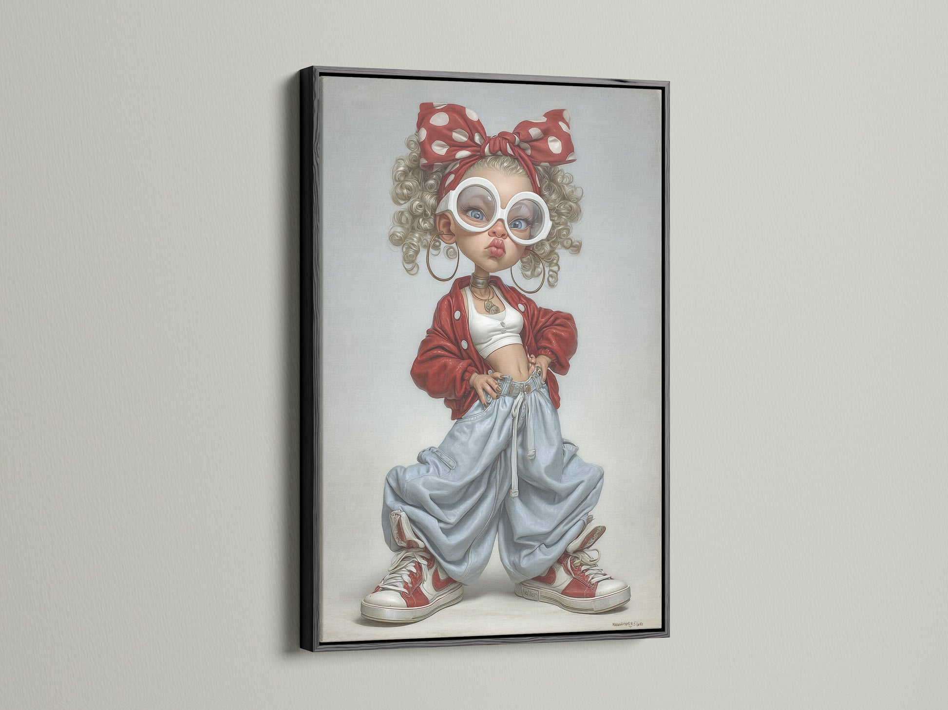 Artwork with a black frame is displayed on a white wall. The artwork features a girl with unique style. Black frame provides a classic and sophisticated touch. It makes the artwork pop. It is ideal for any room seeking a bit of artwork.