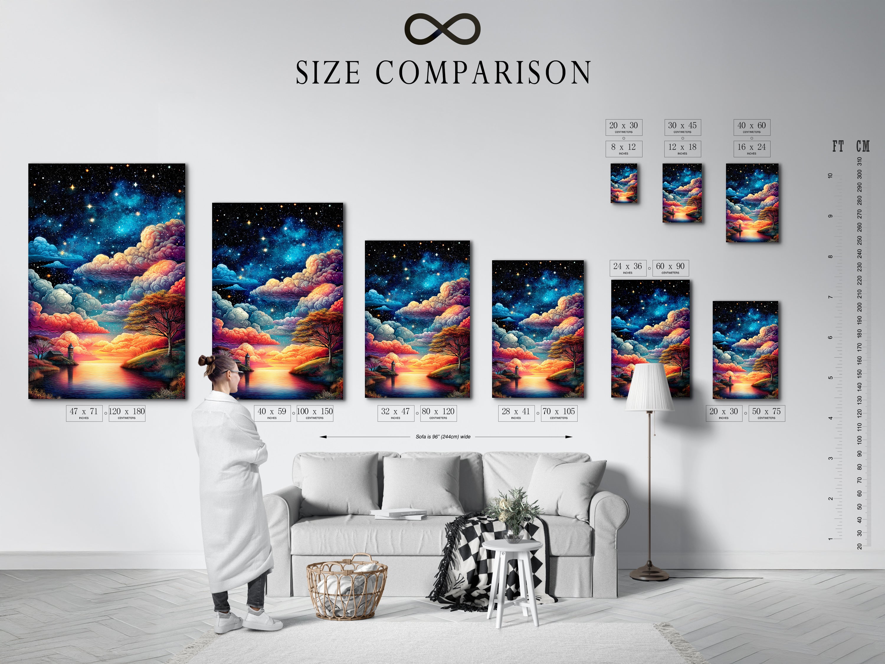 A size comparison chart in an interior setting showcasing the Starry Night artwork. This helps you visualize the perfect size for your space. Choose the ideal dimensions for your celestial canvas. Enhance your home with modern art