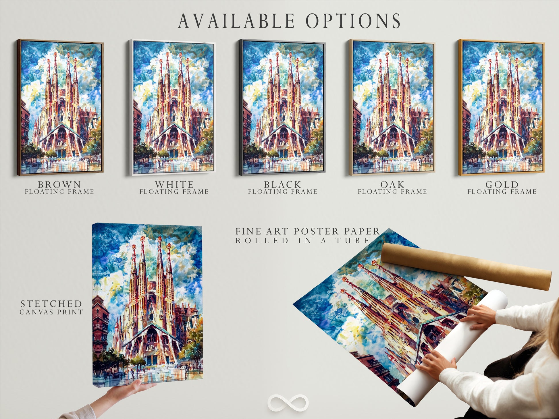 Available options for Sagrada Familia artwork. Choose from a stretched canvas print a fine art poster paper or a floating frame. This Barcelona wall art is perfect for adding architectural artwork to your home. Shop now.
