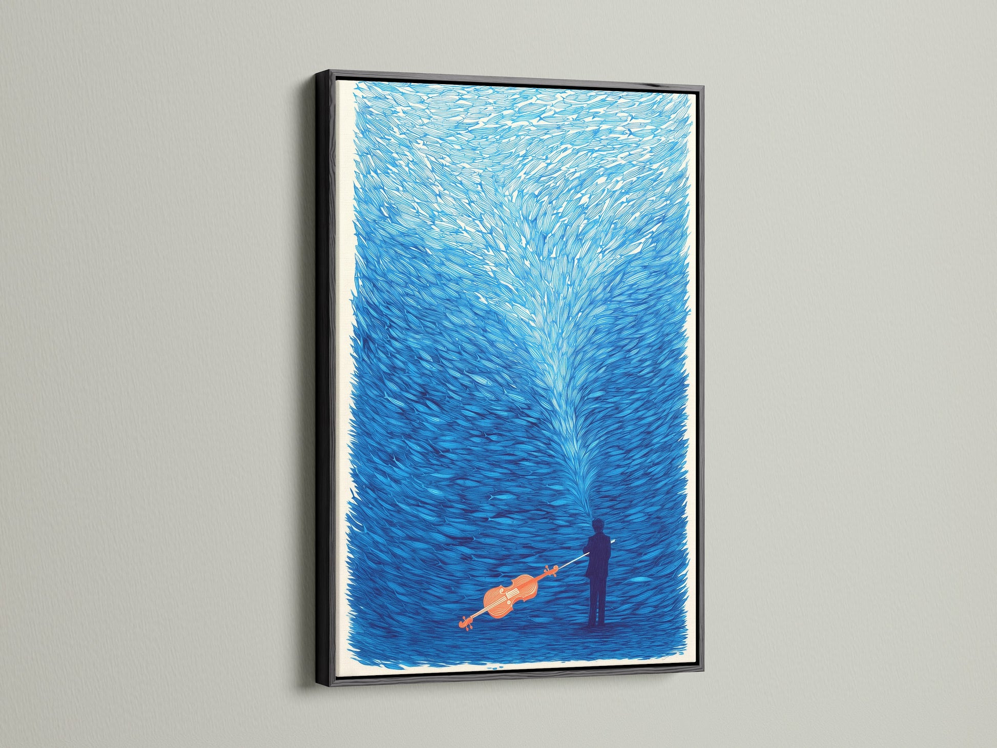 The musical canvas print is elegantly presented in a black frame. The dark frame accentuates the vibrant colors of the surreal violin wall artwork. Indigo blue art print provides a sophisticated touch. Suitable for modern minimalist and Scandinavian decor.