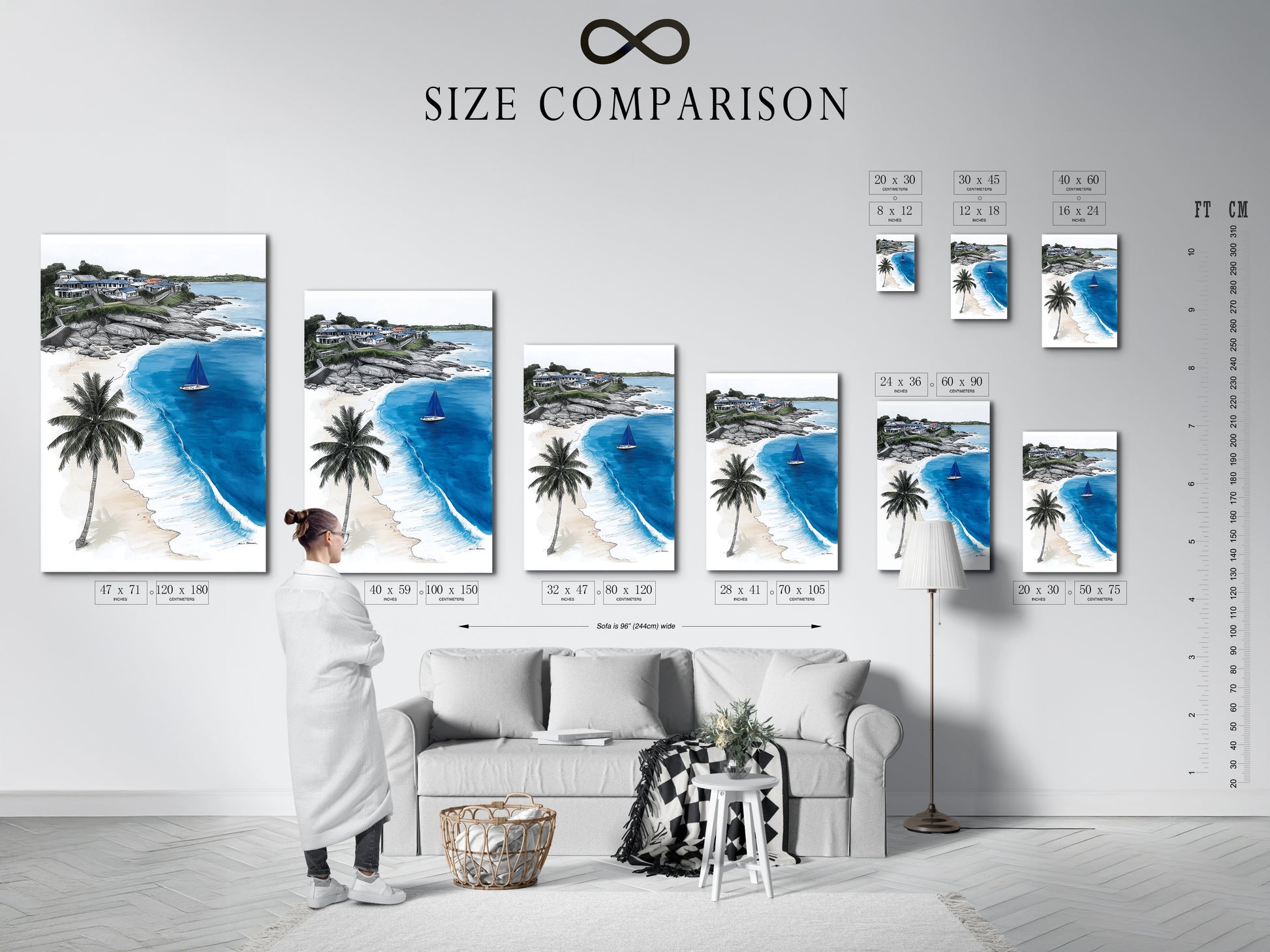 Size comparison chart for coastal beach artwork in an interior setting. See how this tropical ocean artwork fits your space. The sailboat print is perfect for beach house decor. Visualize sea view art in your home. Great nautical wall art.