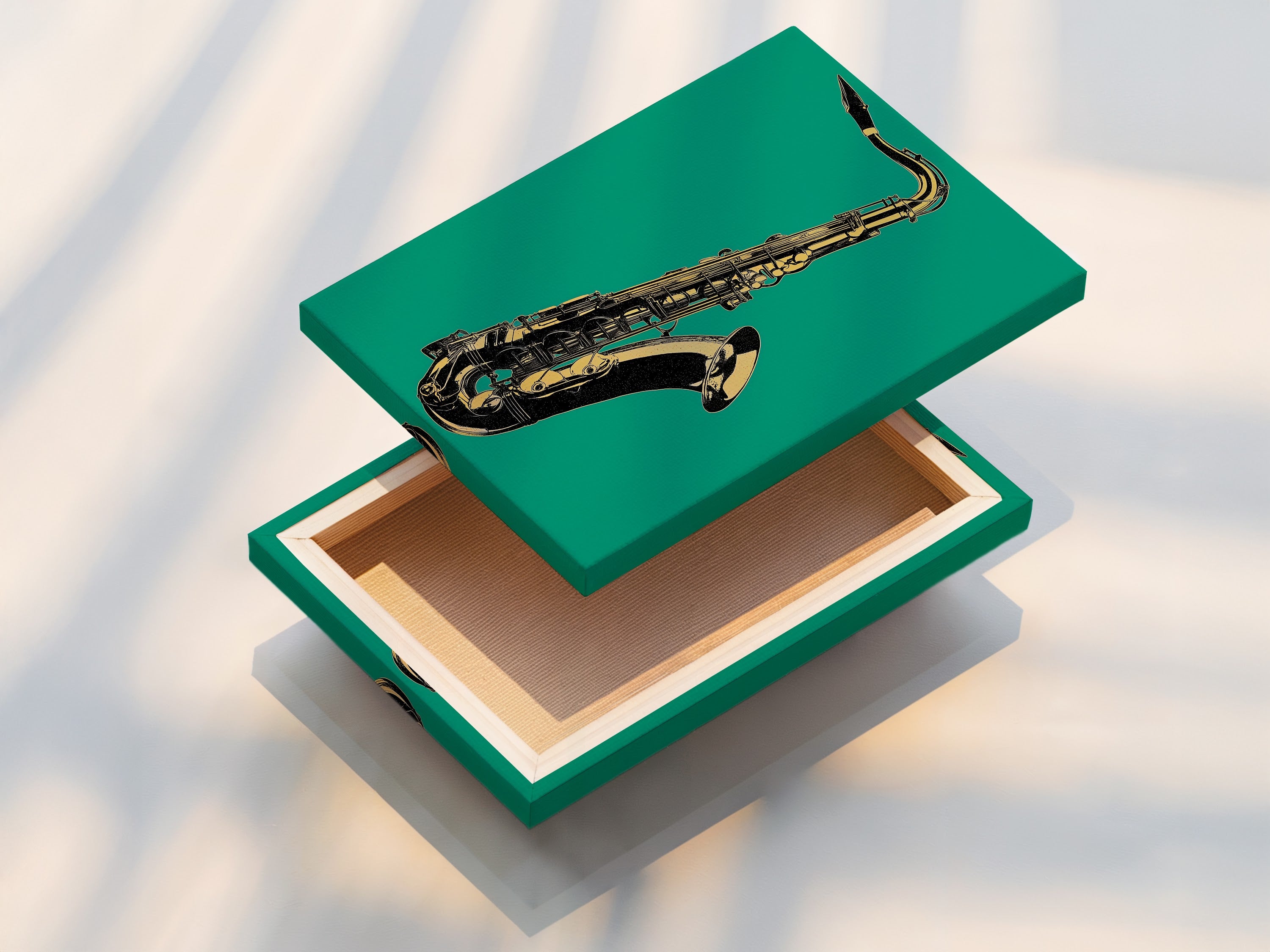 A stretched canvas print of a saxophone artwork. The teal green and gold colors make a statement. This jazz wall art is perfect for any music room. Add this instrument print to your office wall art. Elevate your space with this music studio art.