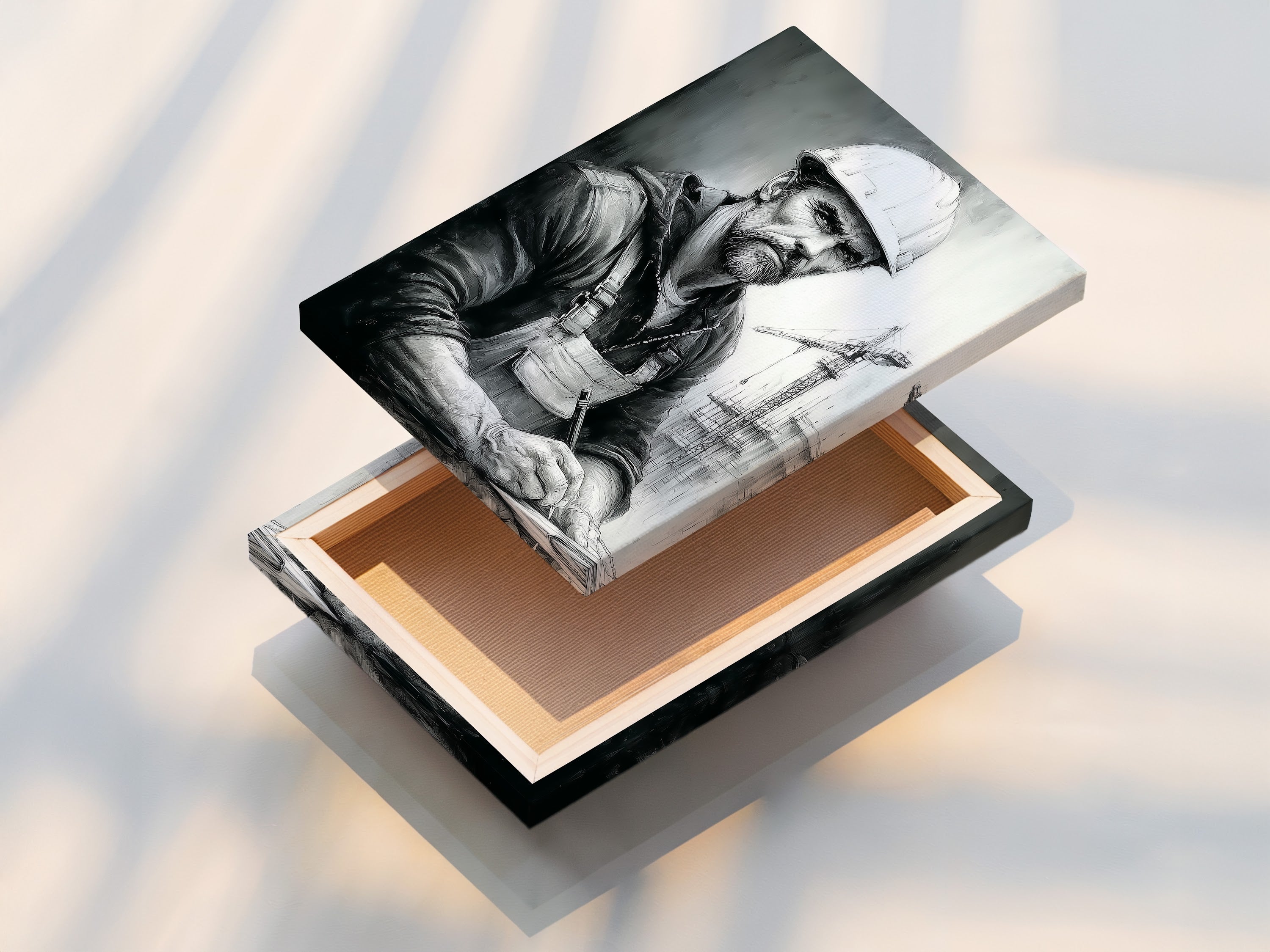 The stretched canvas print showcases the industrial portrait of a construction worker. The artwork is ready to hang and adds an artistic touch to any room. This blue-collar art print is perfect for office or home decor. The stretched canvas ensures a professional look.