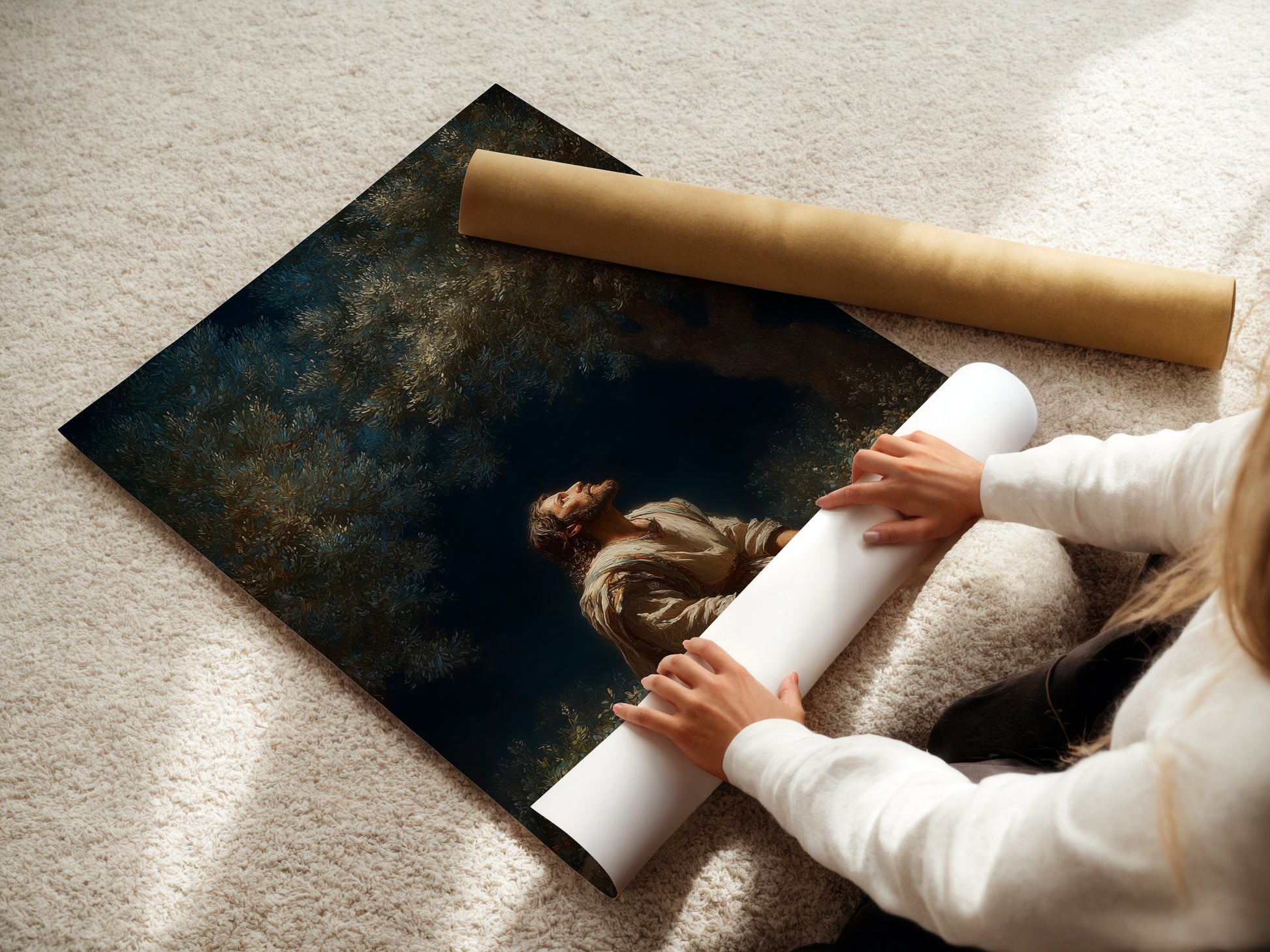 Watch a woman carefully rolling fine art poster paper. The fine art paper ensures the artwork's quality. It preserves its beauty for years to come. Experience the art of preservation with our premium materials. This paper is durable and long-lasting.