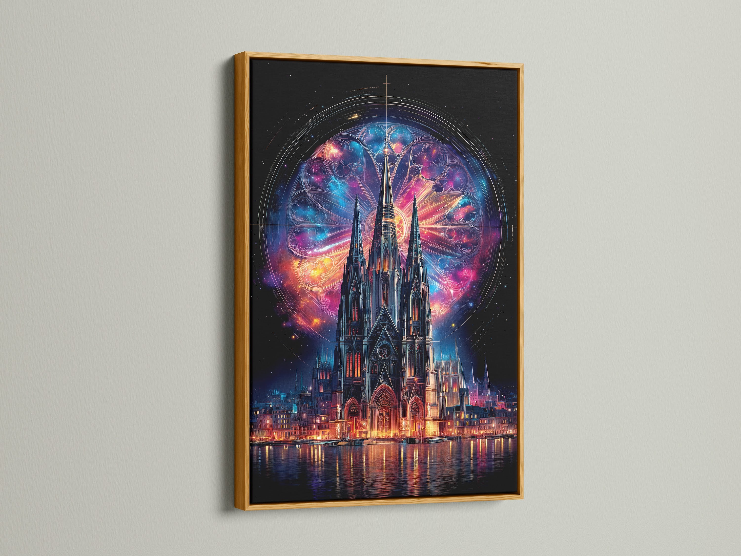 Gothic Cathedral art print in a gold frame. Cosmic stained glass wall art makes a statement. Mystical fantasy architecture canvas is perfect for eclectic styles. Gothic wall decor for any room.
