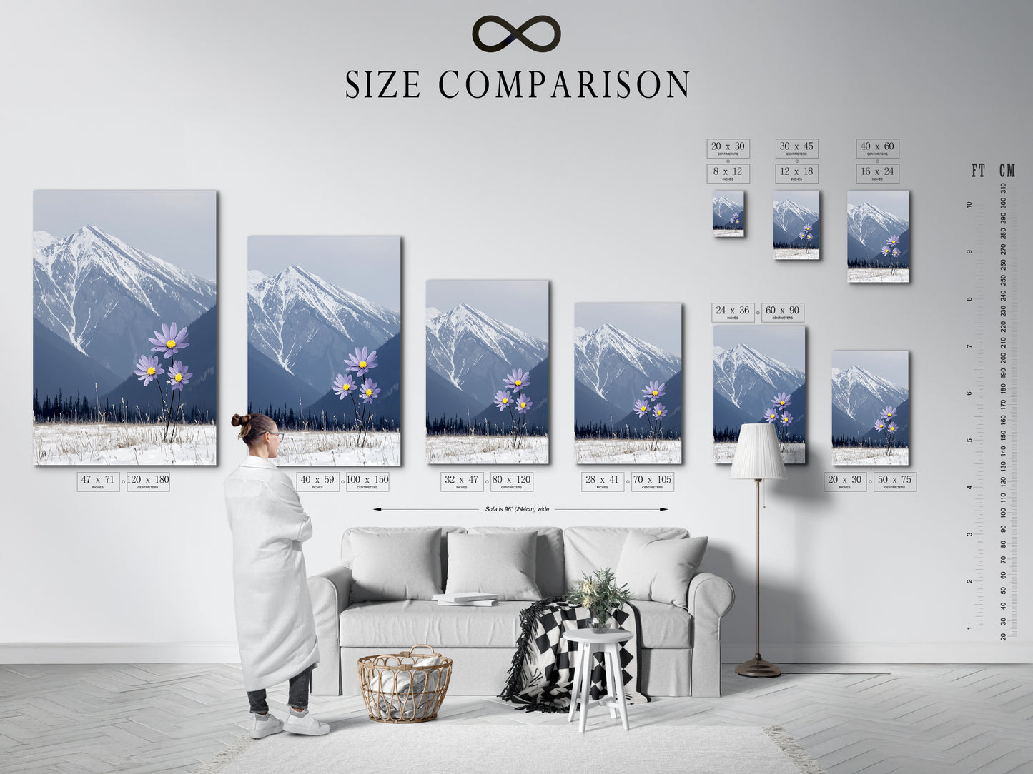 A size comparison chart is shown in an interior setting. View the various sizes available for the mountain flower canvas print. This winter landscape art can transform any space. Choose the perfect size for your snowy peak wall decor.