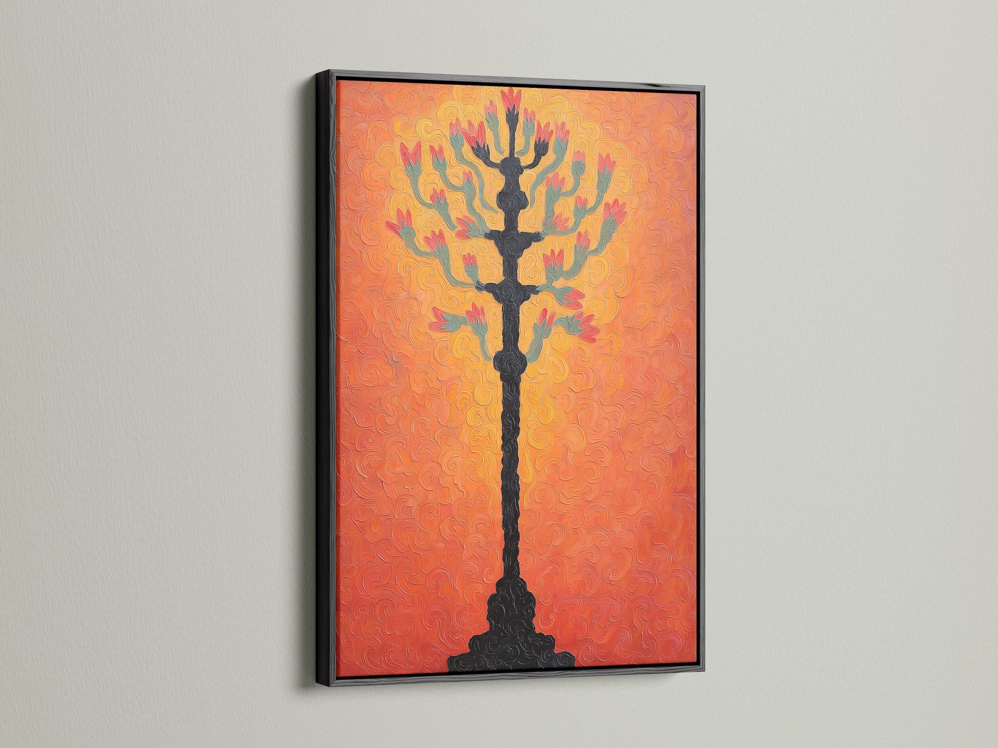 Botanical tree art print with a textured coral wall art background displayed within a black frame. This black frame adds a touch of sophistication. The artwork provides a striking contrast to the artwork making it pop. Add to your modern home today.
