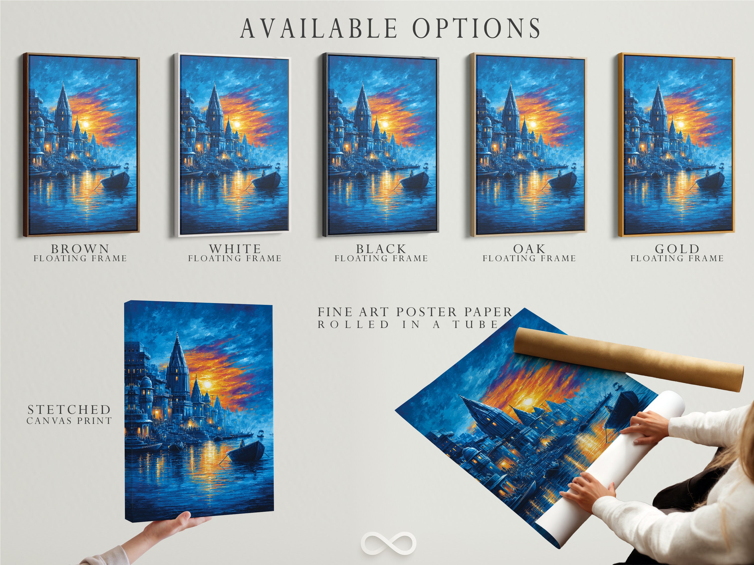 Available options are displayed for the Varanasi Sunset Artwork. Choose from a stretched canvas print a fine art poster paper or a floating frame. Customize your Indian temple art to fit your style. The sacred river print is perfect for any space. Add spiritual wall art to your home with ease. The blue and orange artwork is versatile.