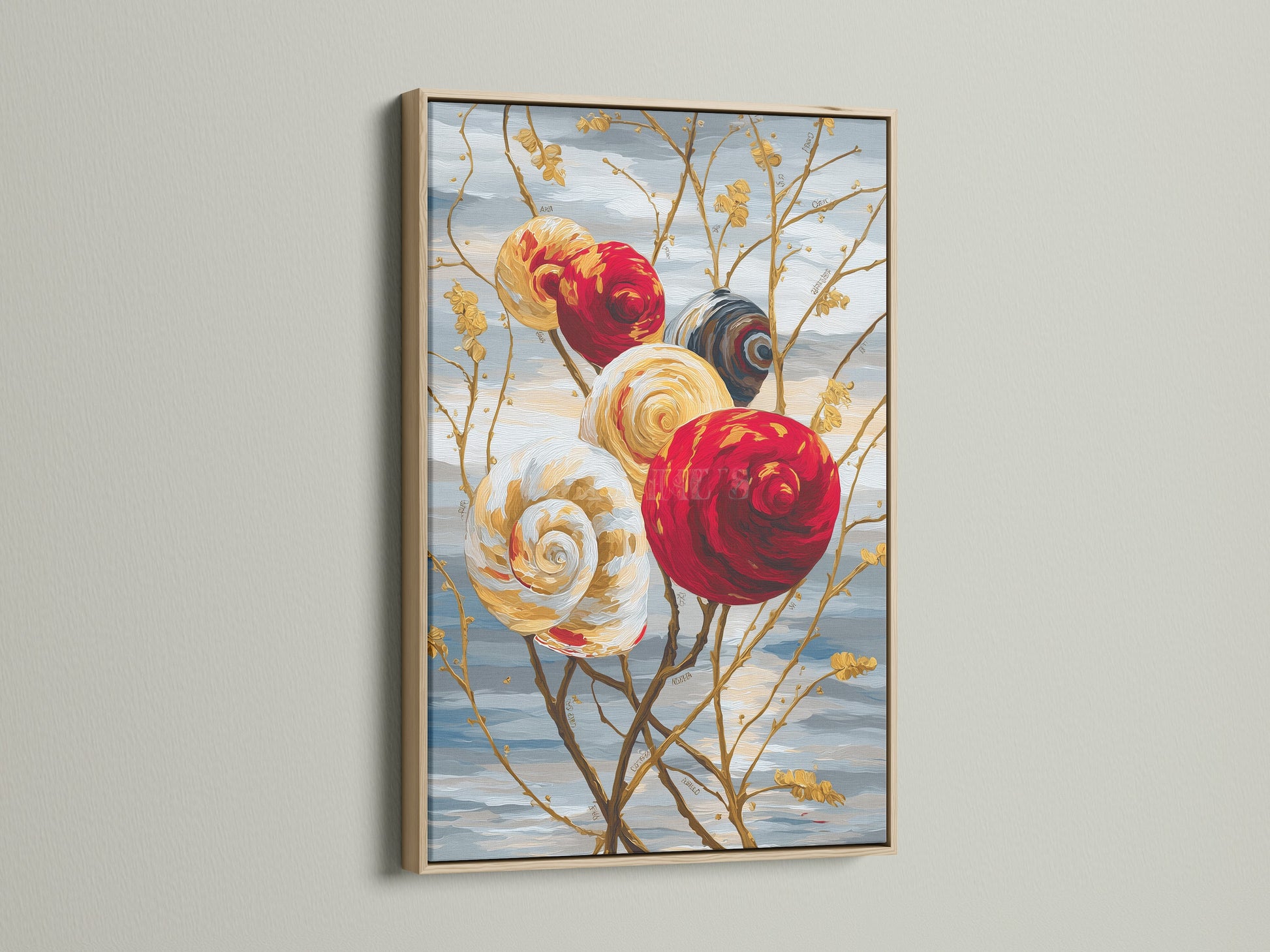 The spiral flower artwork is displayed in an oak frame. The natural wood grain complements the colorful botanical artwork. This floral canvas art is perfect for any room.