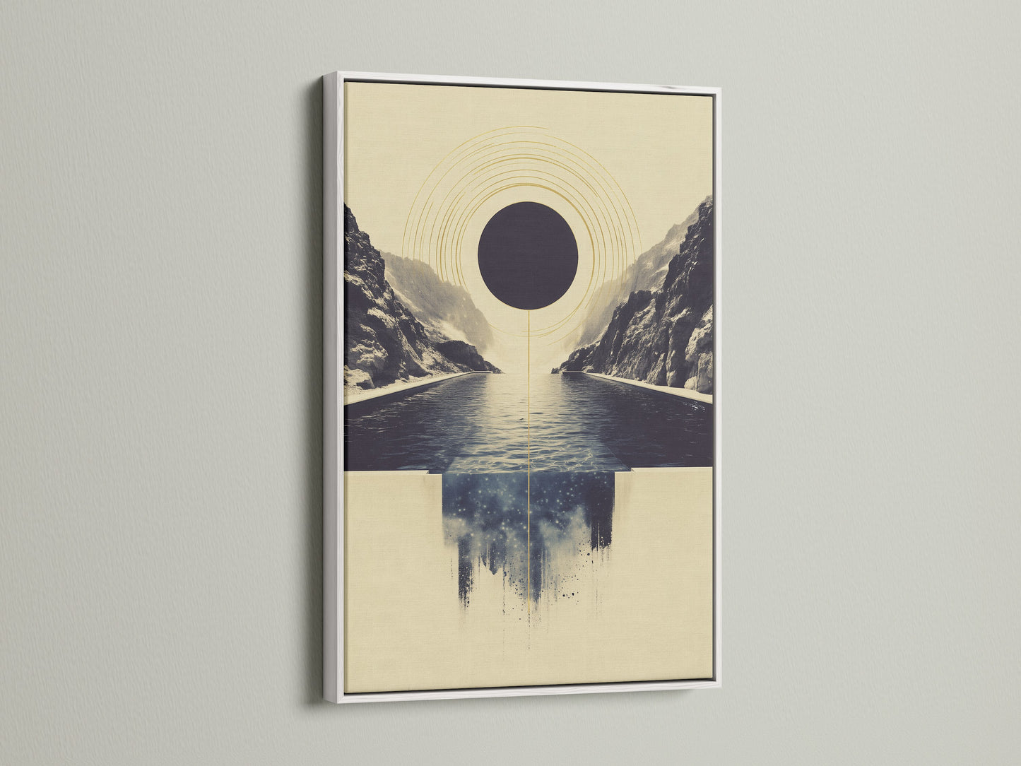 Abstract Infinity Pool artwork in a white frame. The white frame offers a clean and contemporary look. This geometric canvas print is perfect for modern wall art. It adds a touch of serenity to your bedroom or office. The minimalist print complements any decor.
