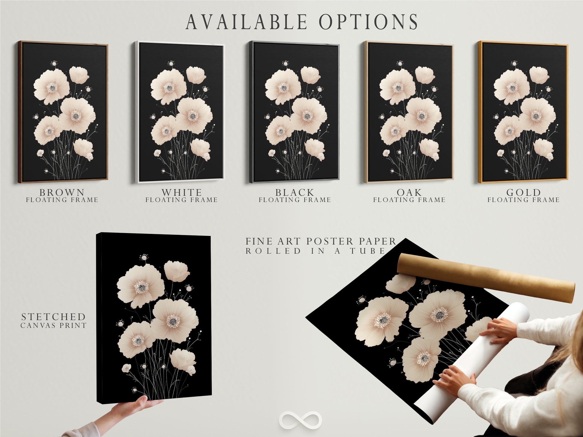 Available options for Beige Poppy Flower Artwork. Choose from a stretched canvas print fine art poster paper or floating frame. Customize your art to match your style. This minimalist botanical print is perfect for enhancing any room with a touch of Scandinavian elegance.