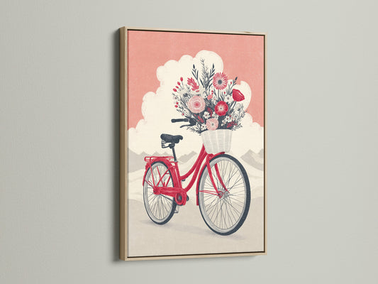 Vintage bicycle artwork with a floral bike print. It is set in an oak frame. The coral pink decor brings a pop of color. This botanical wall art is ideal for any room. The vintage bike poster adds a whimsical touch. A perfect addition to your wall.