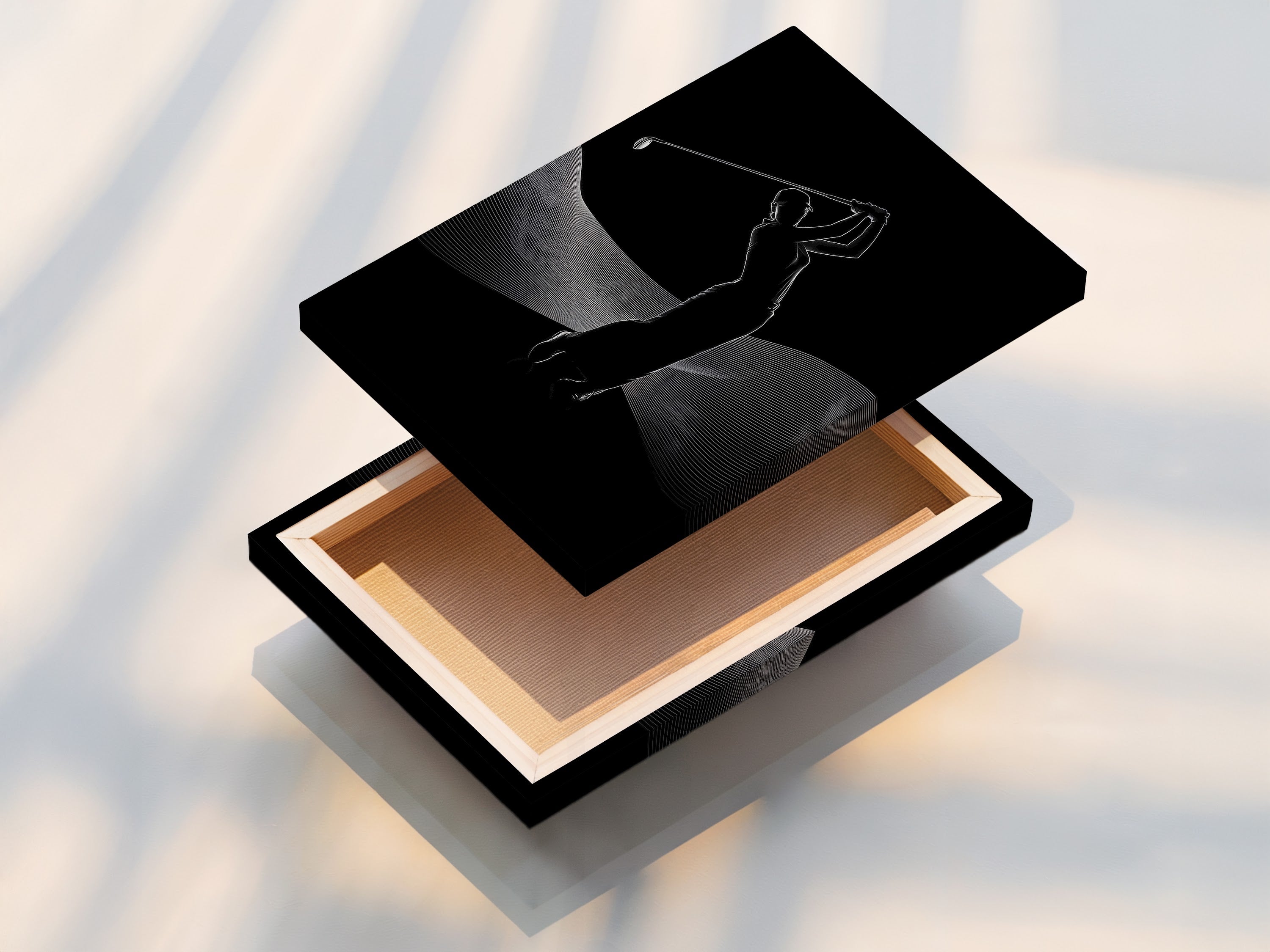 This stretched canvas print showcases the golfer silhouette artwork. The sports canvas print is ready to hang. No frame is needed for a clean modern look. Perfect for adding minimalist sports art to your walls.