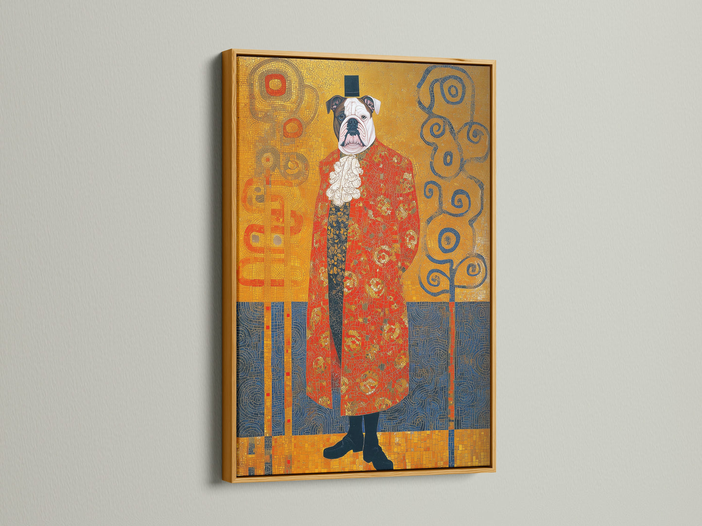 The Victorian Bulldog art print is presented in a gold frame. The Klimt style dog portrait adds a luxurious touch with ornate animal art. This is perfect for a study room seeking gilded accents. The gold frame enhances this vintage dog print. It creates an elegant regal display.