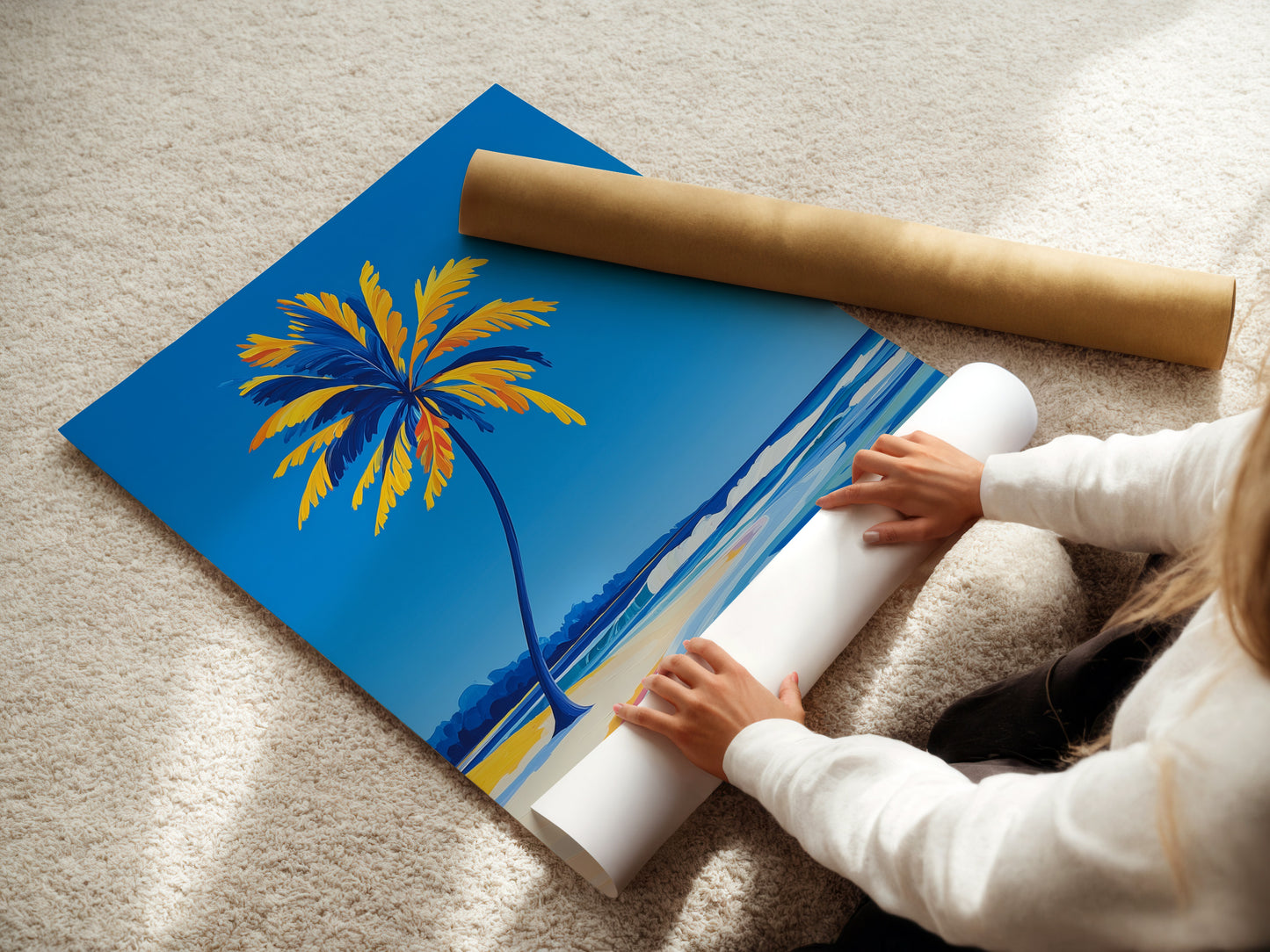 A woman is carefully rolling a fine art poster paper. The paper features a Palm Tree Beach artwork. Ideal for creating tropical coastal wall art. This fine art poster paper is perfect for a nautical-themed room. Get ready to display beautiful ocean wave artwork.