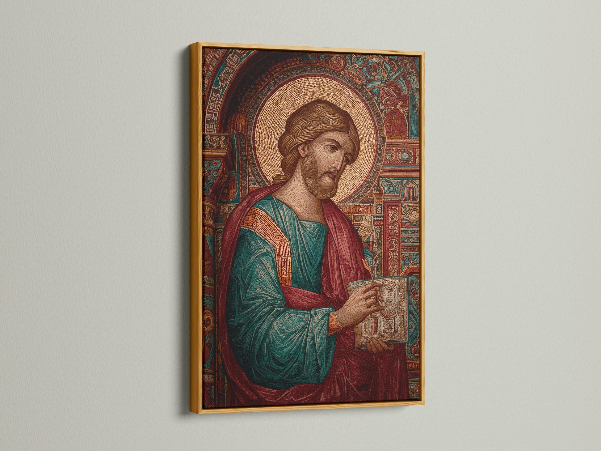 Artwork displayed in a gold frame on a white wall. The artwork features a mosaic-style depiction of a religious figure. The gold frame offers a touch of luxury. Shop framed art to enhance your home.