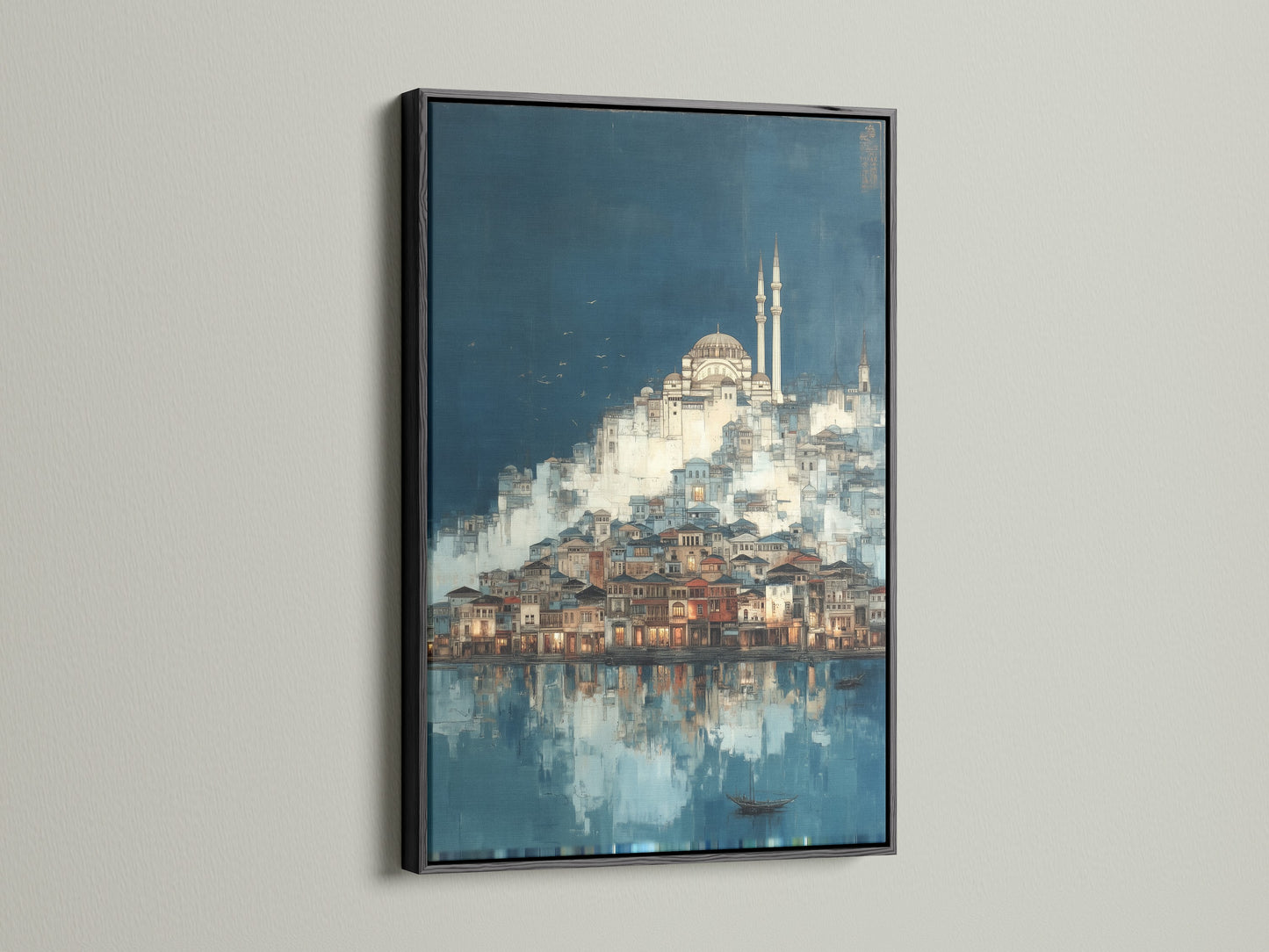 Istanbul Cityscape artwork in a black frame. This urban landscape is a striking piece of Turkish wall art. The black frame adds a modern touch to the vintage cityscape. Ideal for office or living room wall art.