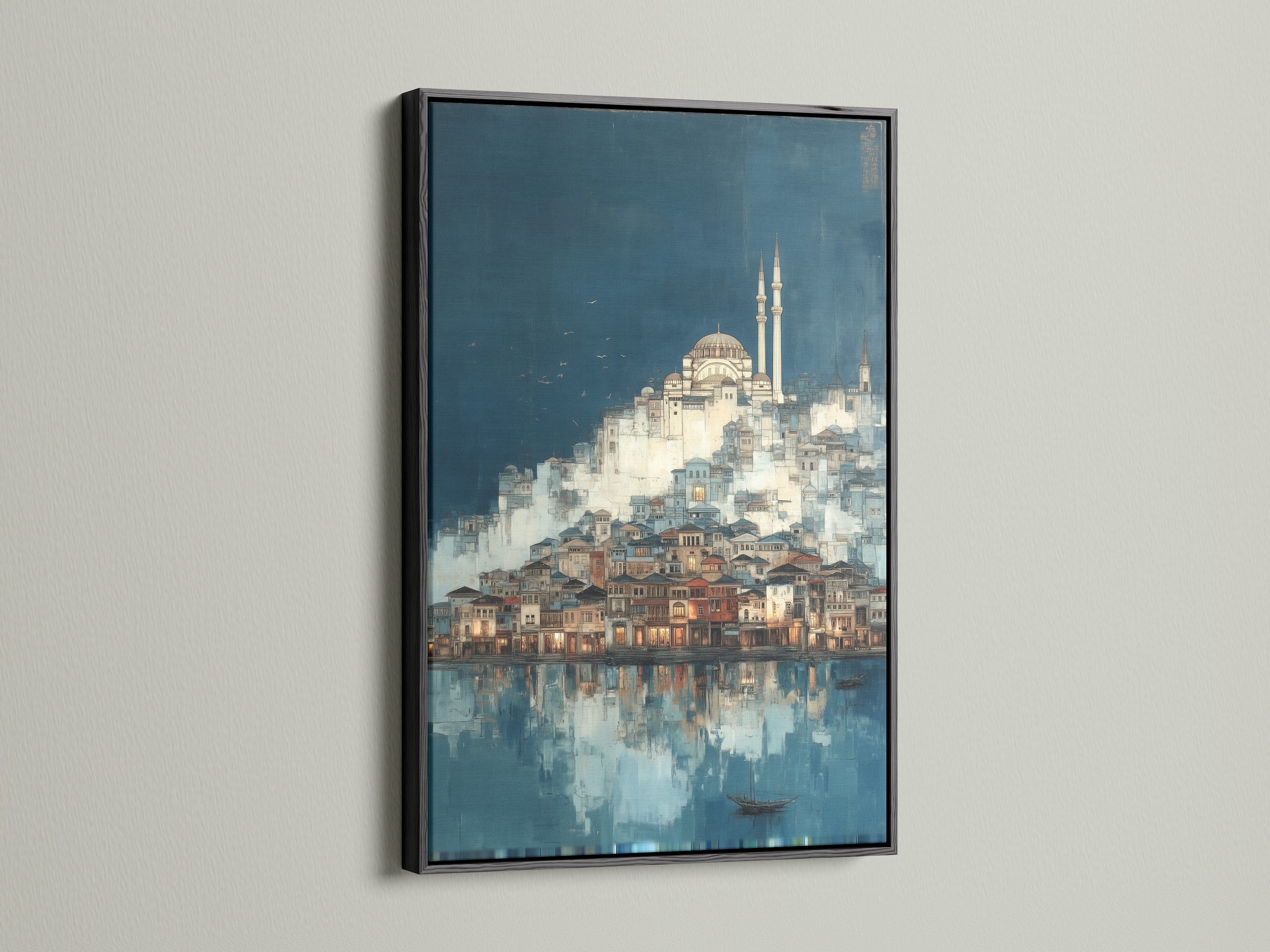 Istanbul Cityscape artwork in a black frame. This urban landscape is a striking piece of Turkish wall art. The black frame adds a modern touch to the vintage cityscape. Ideal for office or living room wall art.