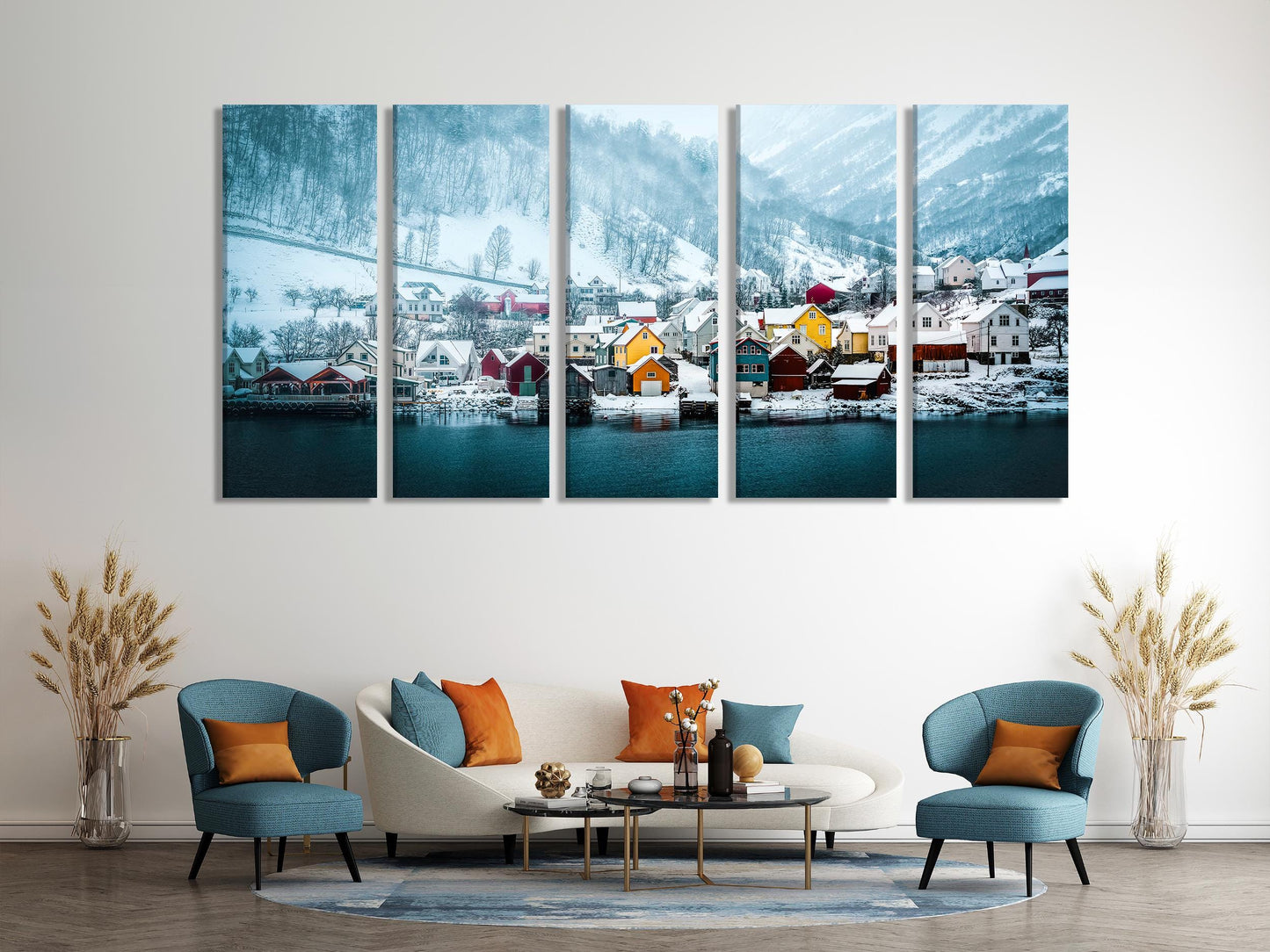 Norwegian Winter Village Canvas Print – Serene Snow-Covered Scandinavian Landscape Wall Art for Bedroom or Living Room Decor, Home Gift Idea