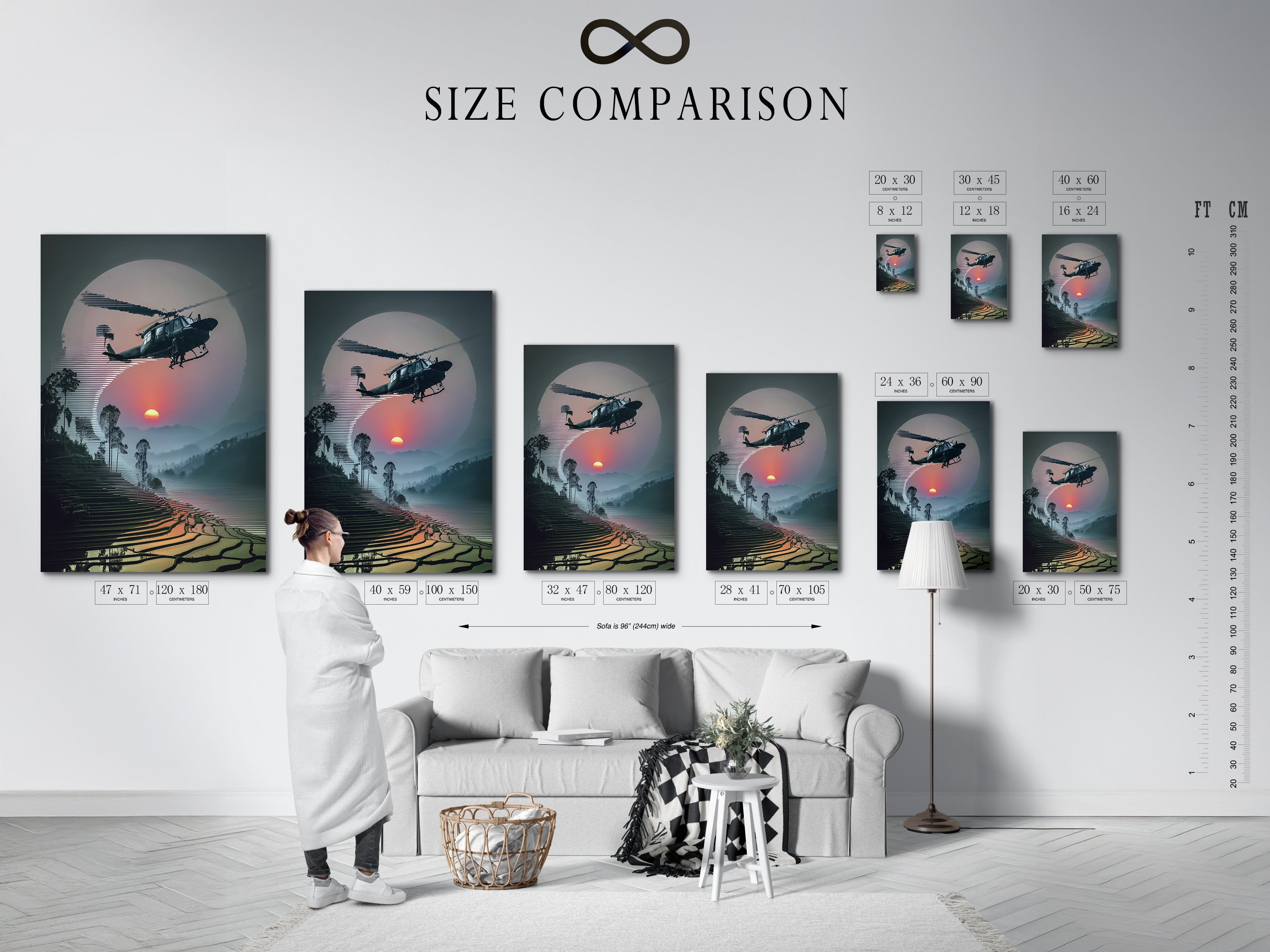 Size comparison chart of Vietnam War Era Wall Art in an interior setting. The helicopter artwork and sunset aviation poster options are displayed. Visualize the perfect fit for your space with this military aircraft print.