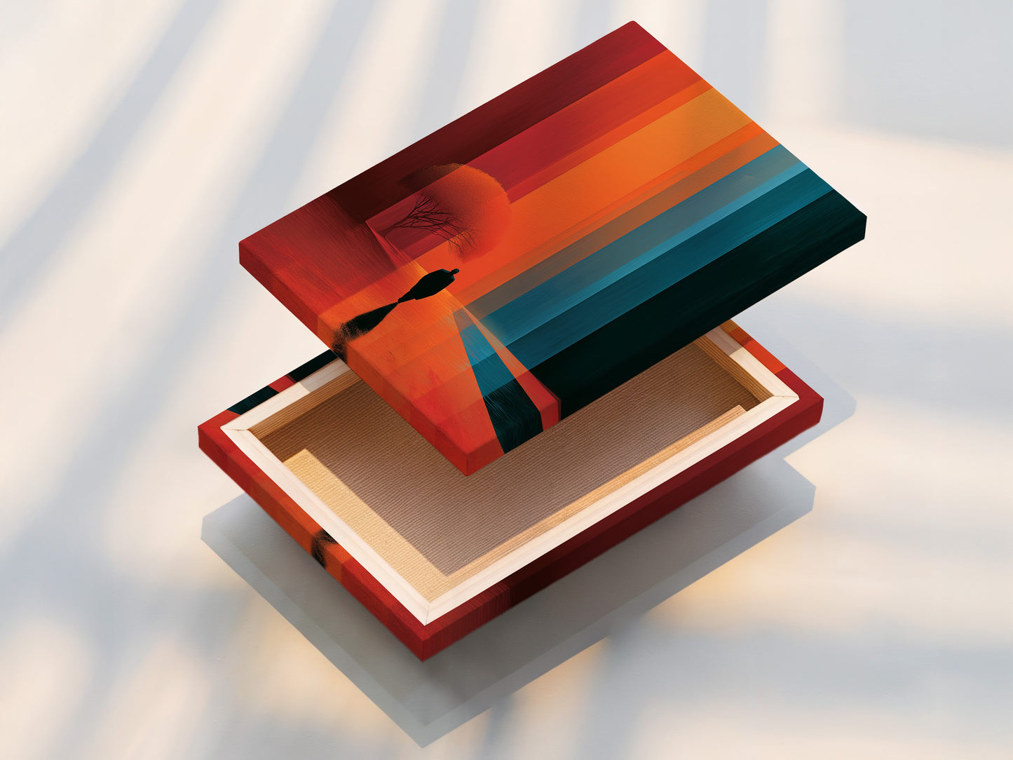 A stretched canvas print of surreal landscape artwork. This modern abstract wall art adds style to any space. The minimalist figure poster is perfect for contemporary art lovers. Orange and teal colors create a unique look.