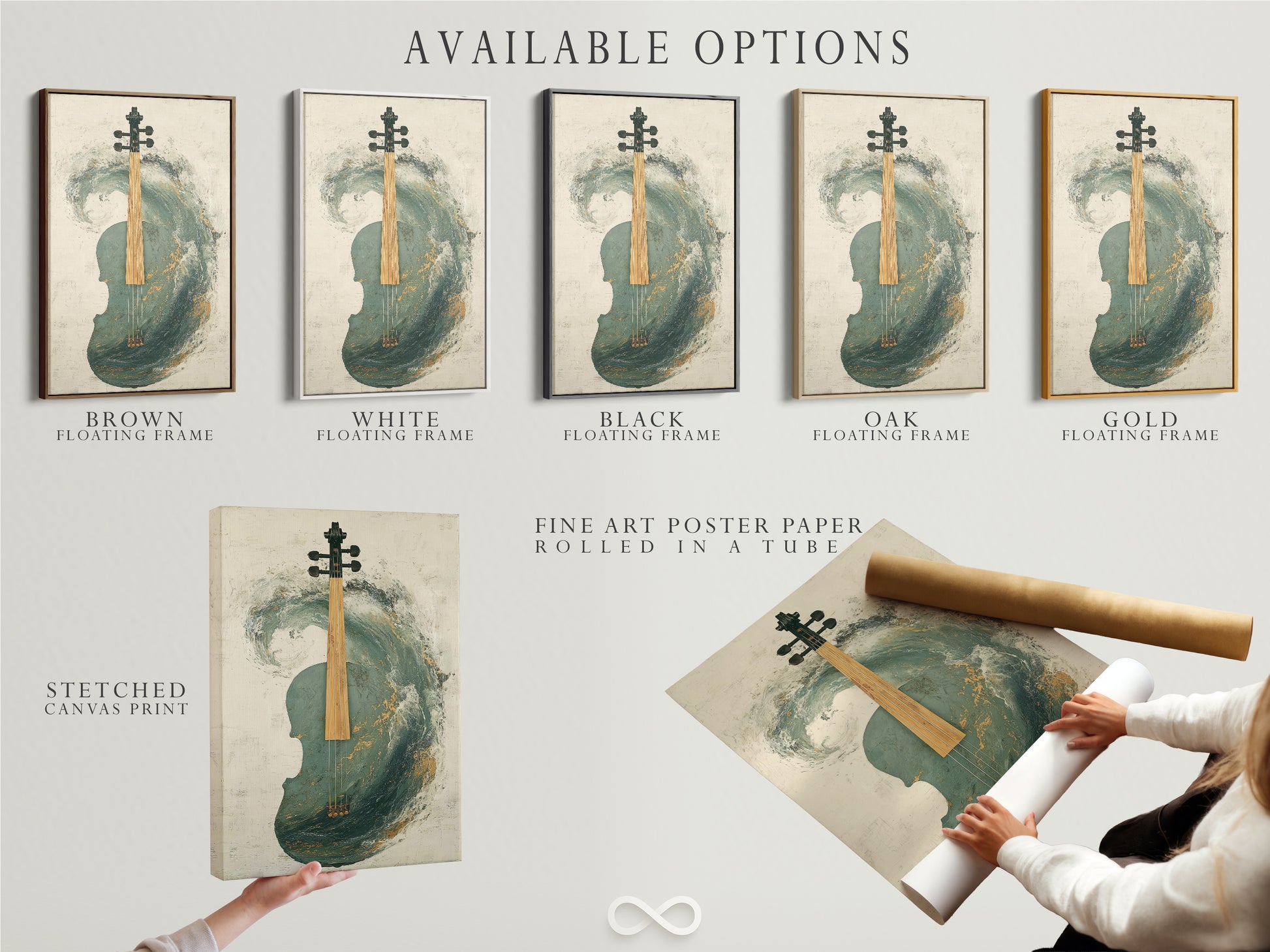 Available options for the Abstract Violin Artwork include a stretched canvas print fine art poster paper and a floating frame. Choose the perfect format to match your style. The teal and gold musical canvas is a versatile piece. Ideal for modern and contemporary interiors.