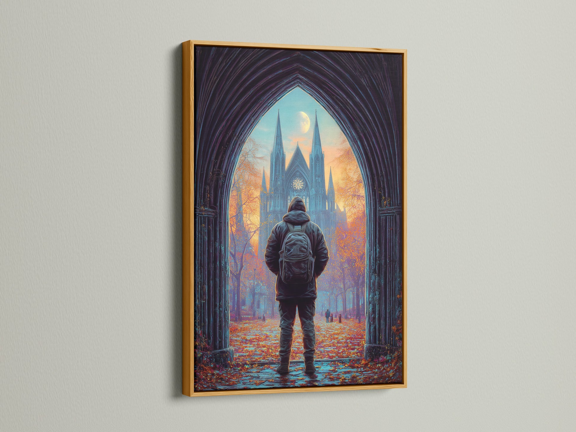 Discover artwork framed in gold. This cathedral print is luxuriously displayed. The gold frame adds a touch of elegance and sophistication. Perfect for enhancing your home decor with gothic wall art. Elevate your space with this stunning architecture art piece. Embrace the beauty of a moody autumn landscape.