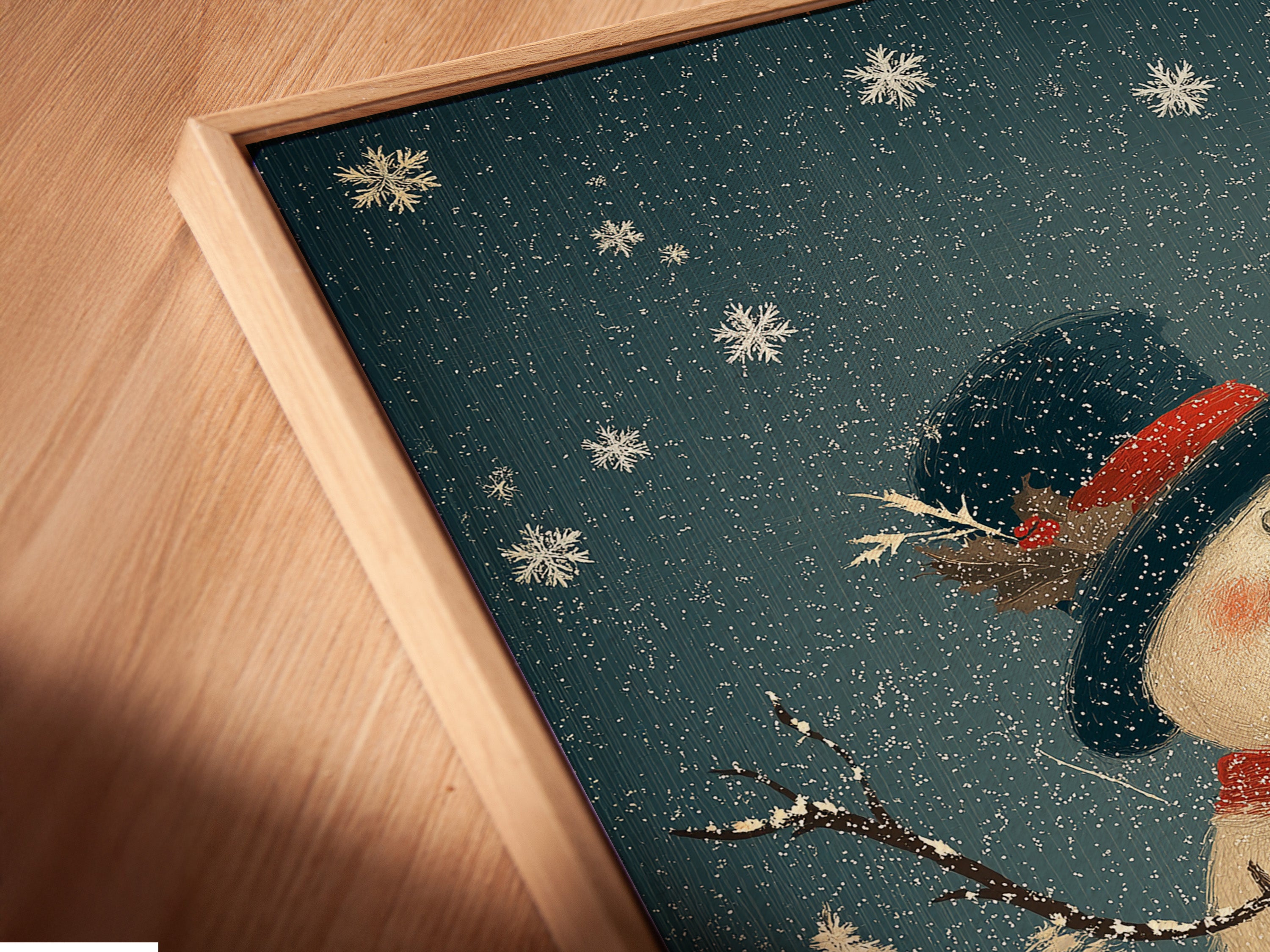 A close-up shows a canvas print in a floating frame. The snowman art is beautifully displayed. This rustic holiday decor adds charm. Perfect for winter home decor or seasonal wall art.