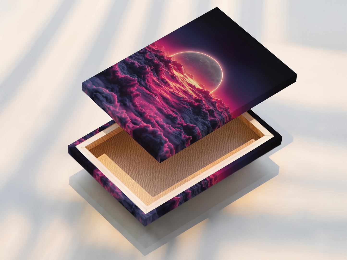 This stretched canvas print features a celestial moon. The pink cloud artwork creates a dreamy sky. Perfect for modern bedroom wall decor. This piece adds depth and style to any space. The stretched canvas enhances the cosmic beauty.