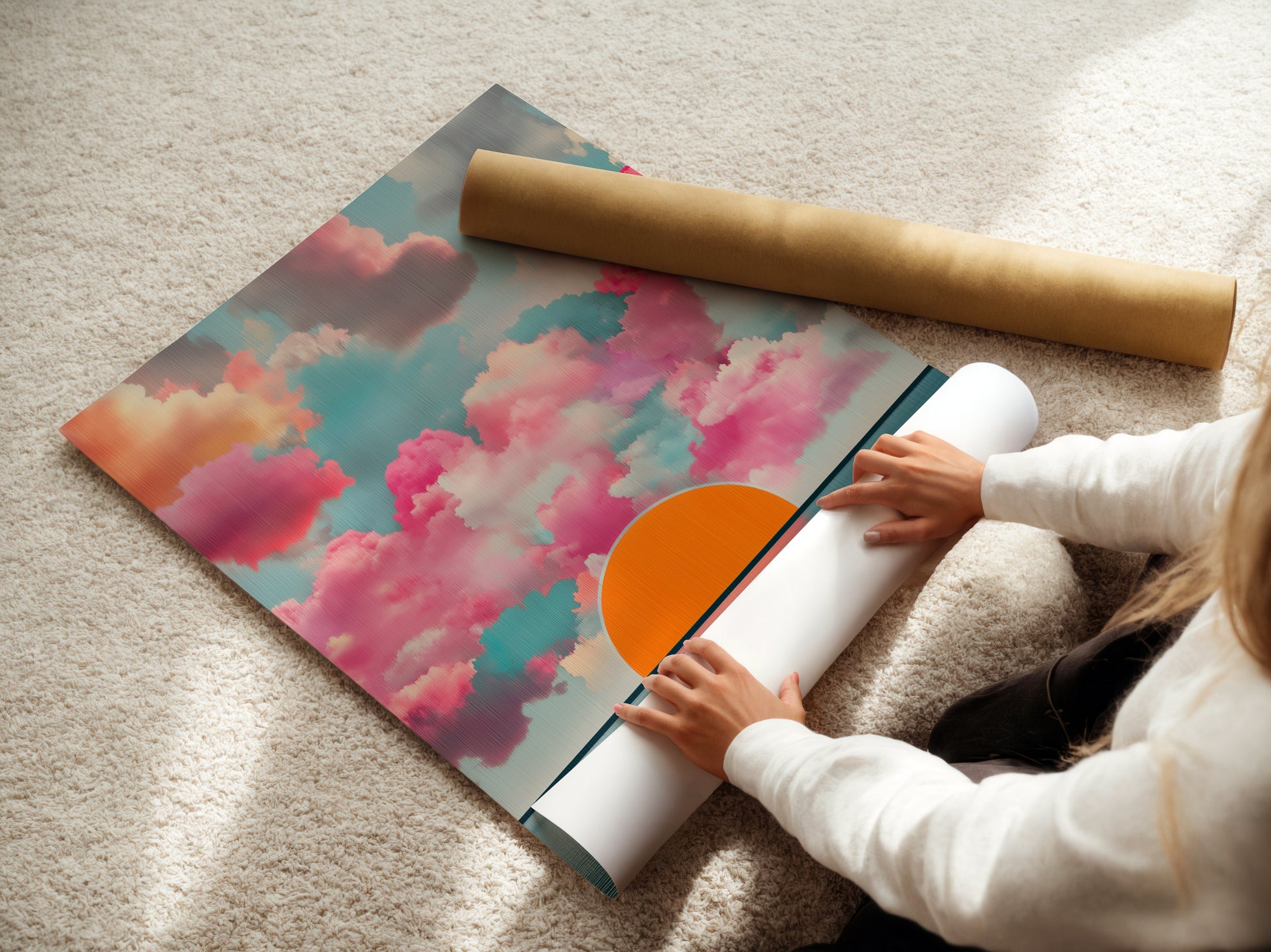 A woman is carefully rolling a fine art poster paper. This showcases the quality and care taken in preparing the Sunset Clouds artwork. The poster paper ensures a vibrant and long-lasting print. Ideal for coastal enthusiasts and art lovers.