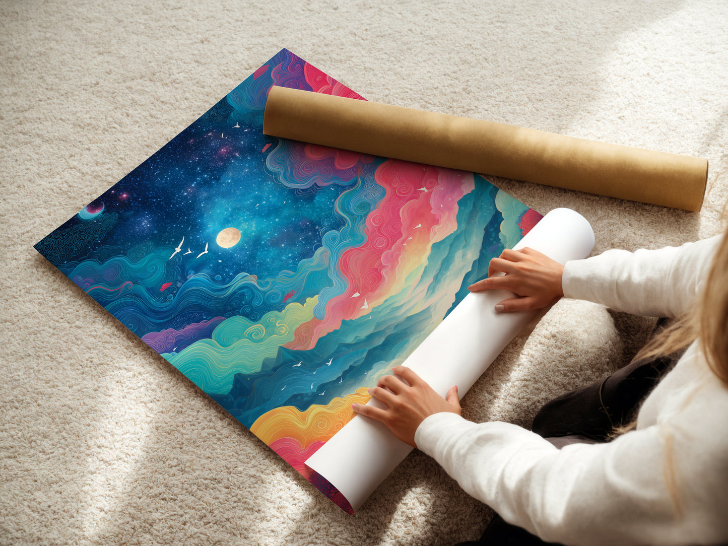 A woman is carefully rolling a fine art poster paper. The poster features a fantasy landscape artwork. This colorful sky art is perfect for bedrooms. The whimsical decor adds a dreamy touch. This poster paper is ideal for art enthusiasts.
