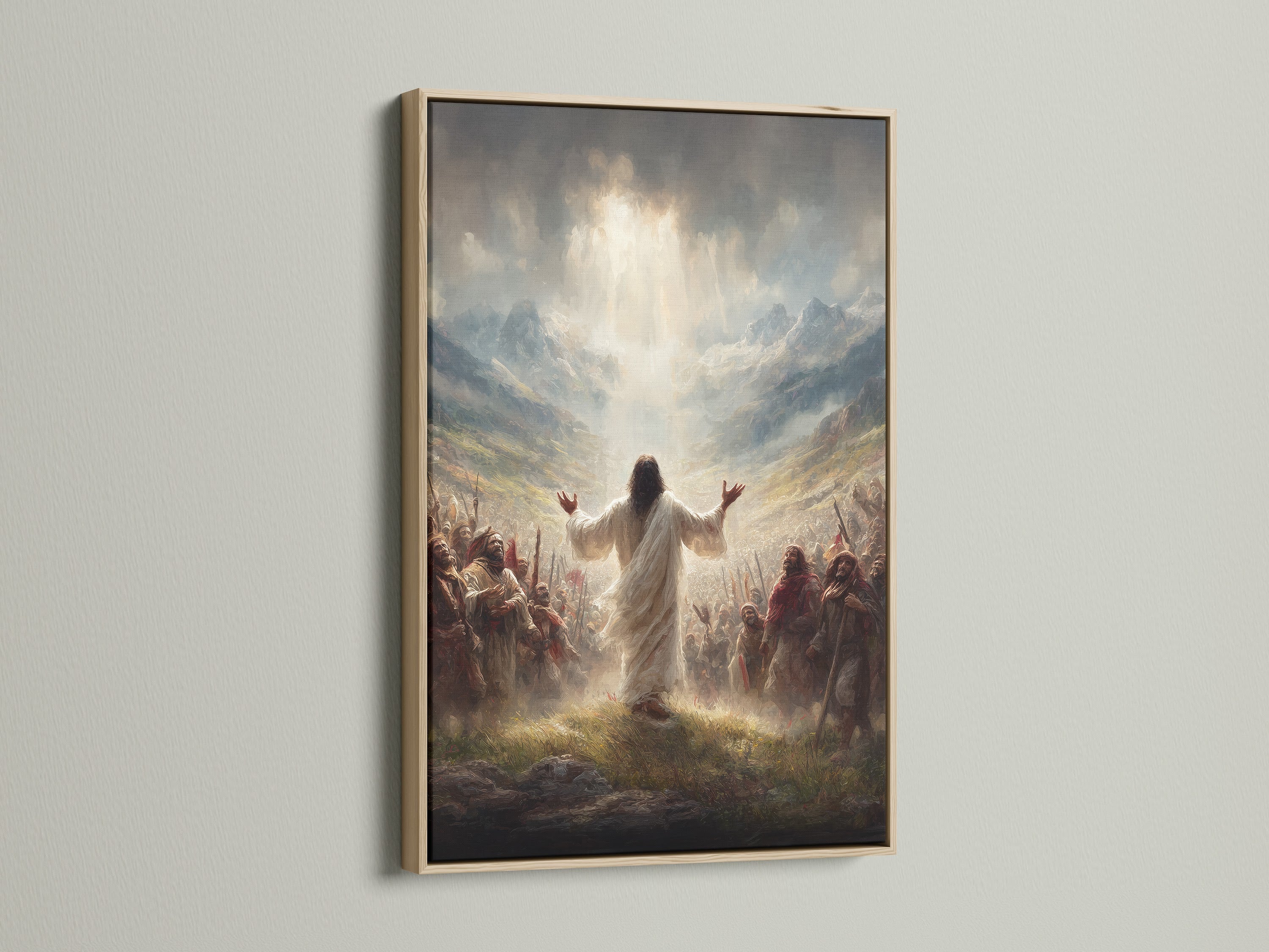Discover our Jesus Christ canvas print in an oak frame. This christian canvas adds rustic style to any room. Ideal religious print for living rooms or church offices. Elevate your spiritual decor today.