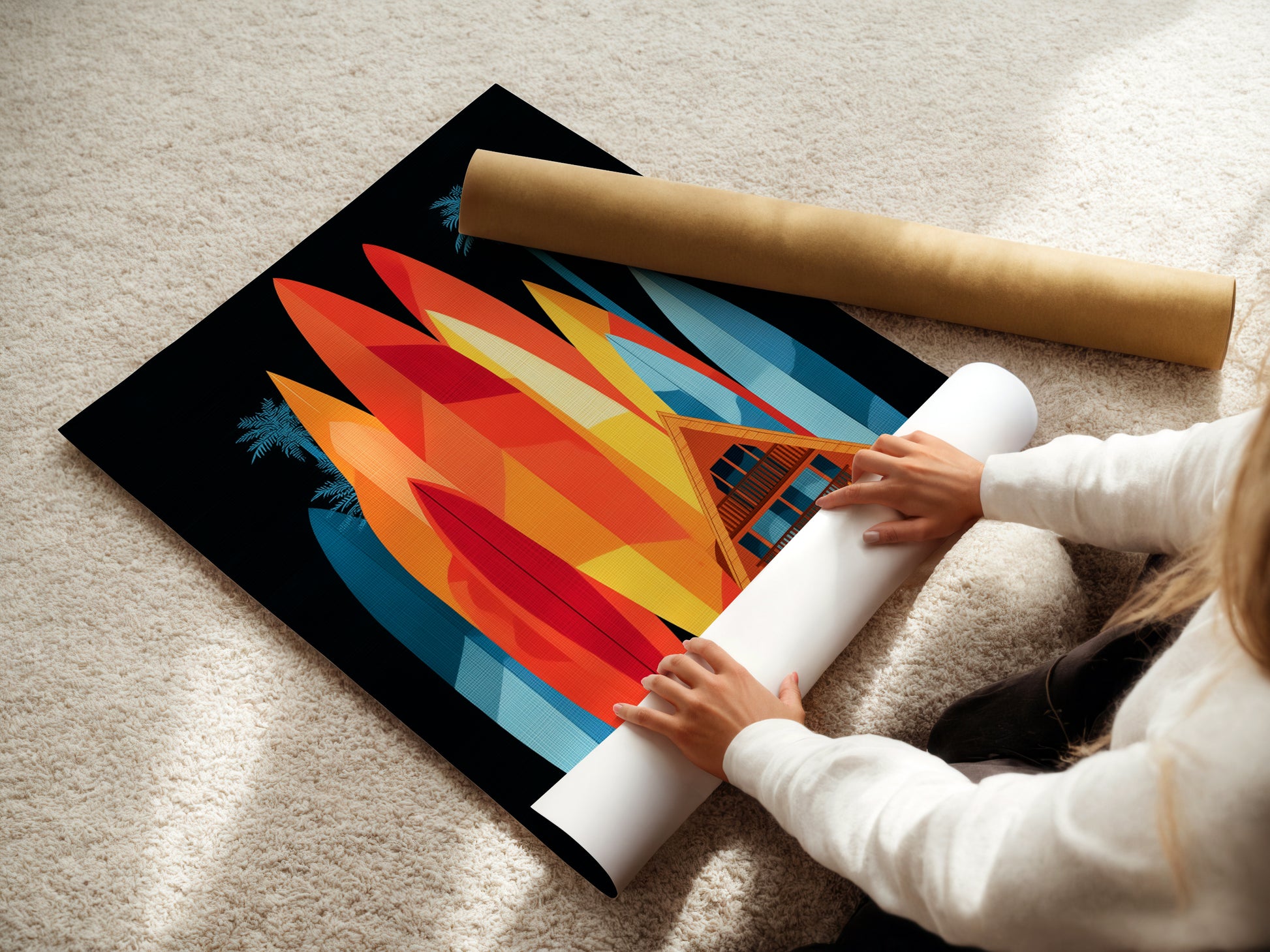 A woman is carefully rolling a fine art poster paper. The paper showcases the A-Frame house artwork. This ensures safe delivery of your coastal art print. We deliver high-quality surfboard artwork right to your door.