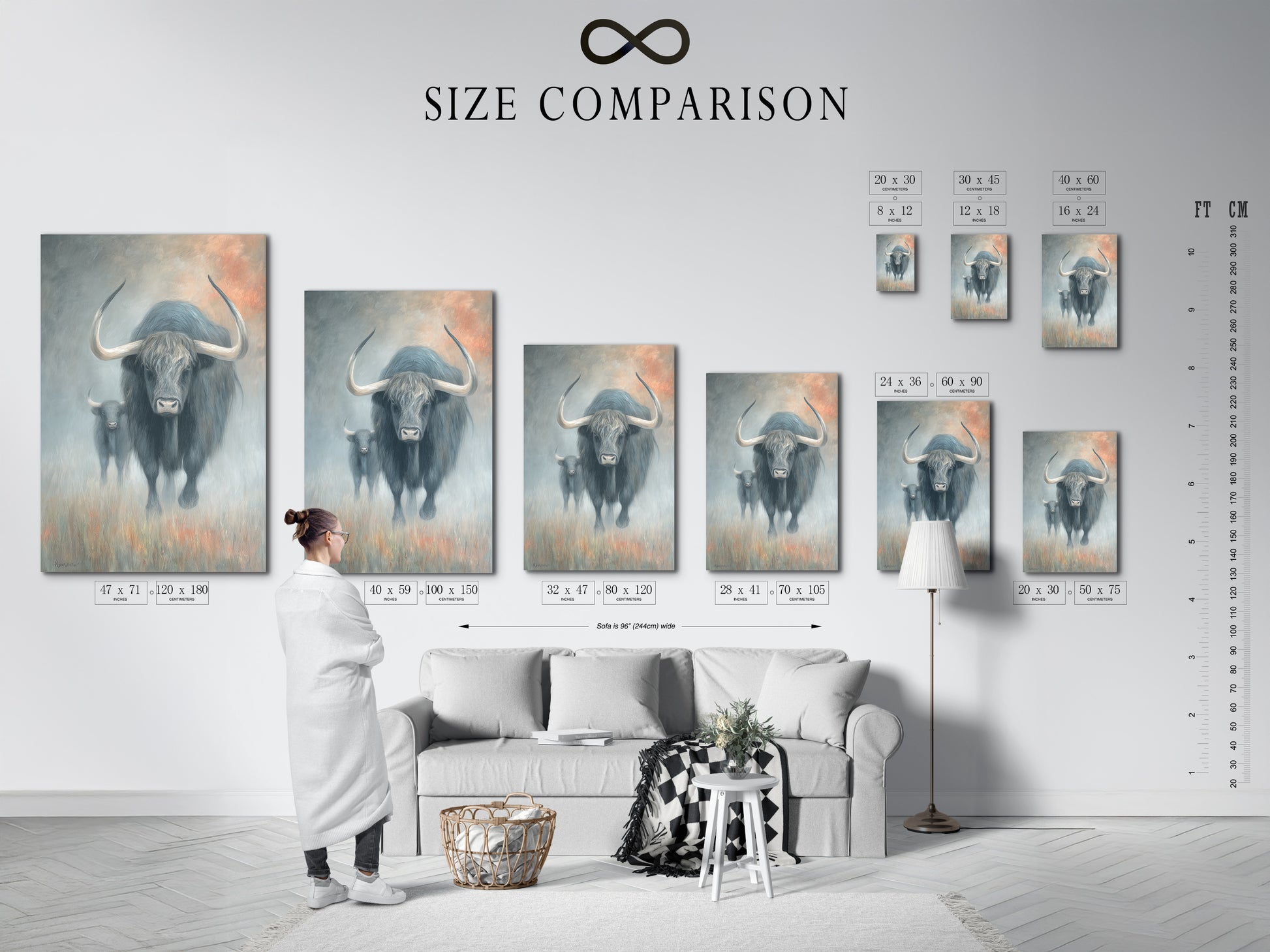 Size comparison chart displayed in an interior setting. It showcases yak artwork. This helps visualize the scale of the highland cattle canvas. Perfect for planning your rustic farmhouse decor.