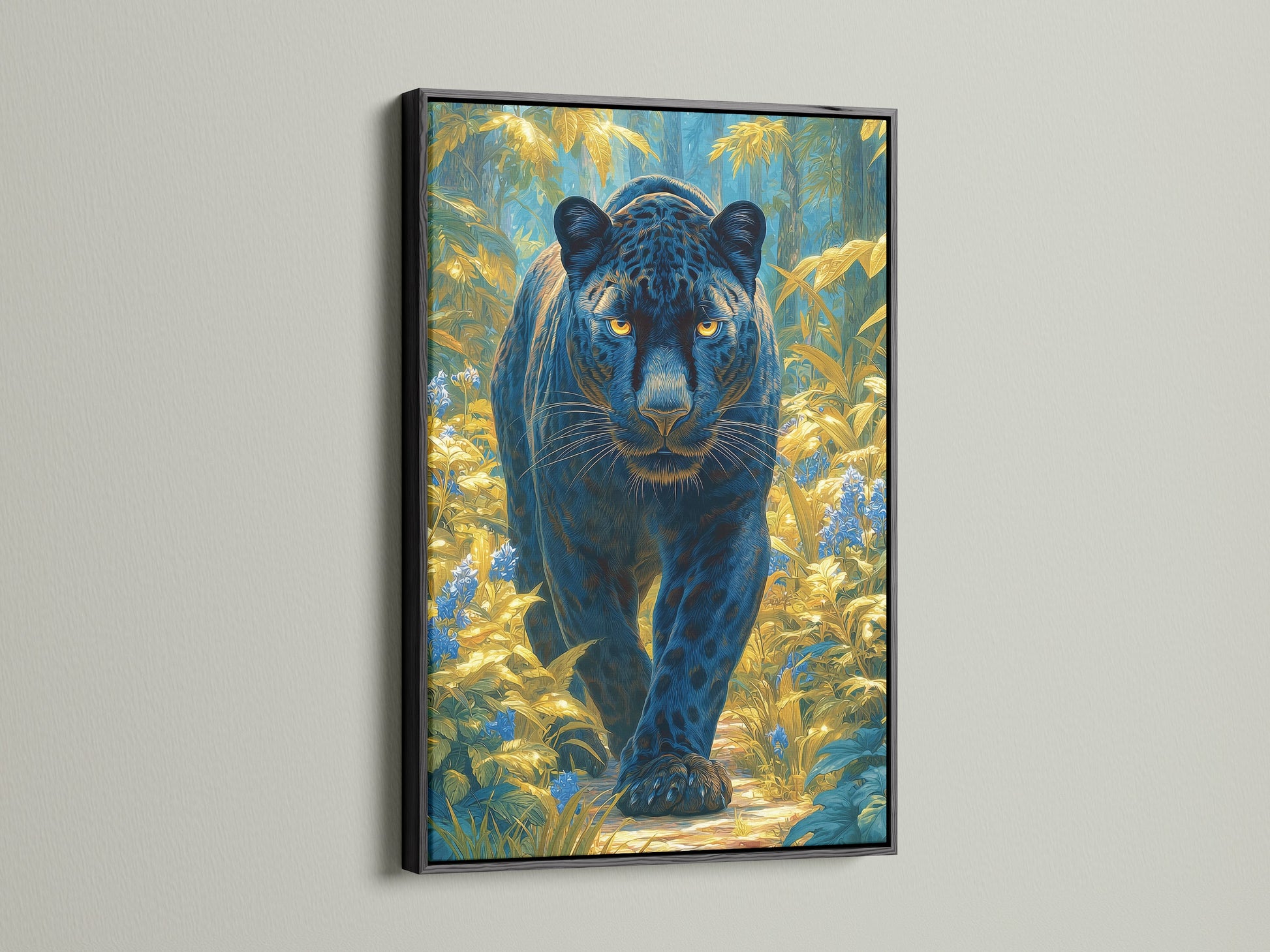 A canvas print is encased in a black frame. The black frame provides a sleek and sophisticated touch. This frame choice is ideal for office wall decor. View how a black frame accentuates wildcat prints. Choose a black frame for a contemporary feel.
