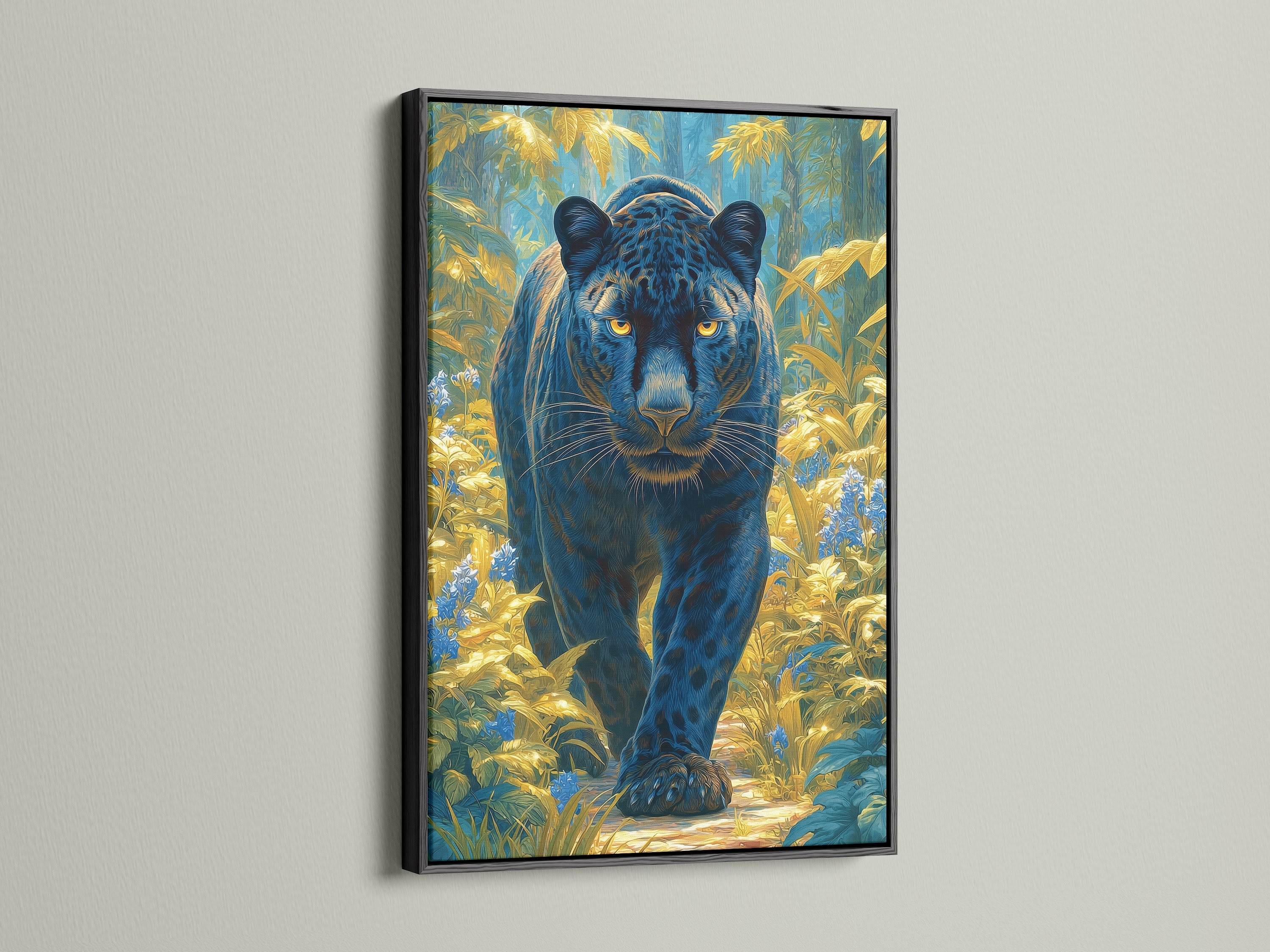 Black Panther jungle cat artwork in a black frame. The black frame adds a sleek modern look to the panther art. This animal print features teal and gold colors. Enhance your home decor with this wildlife art. Great for any room.